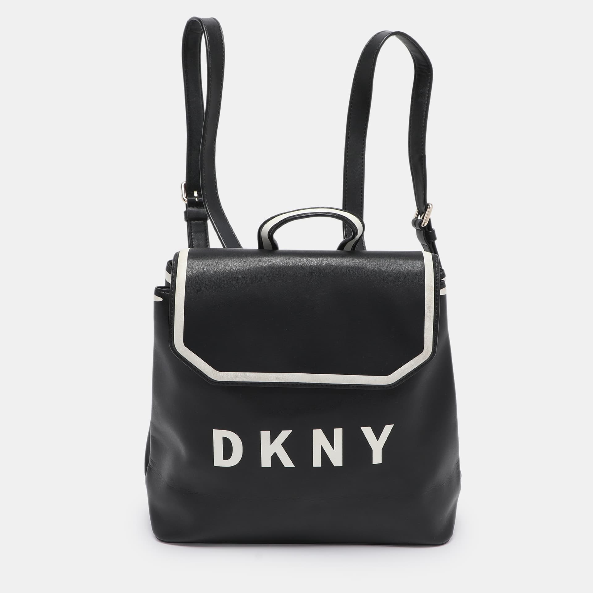 DKNY Black Leather Logo Print Jade Flap Backpack