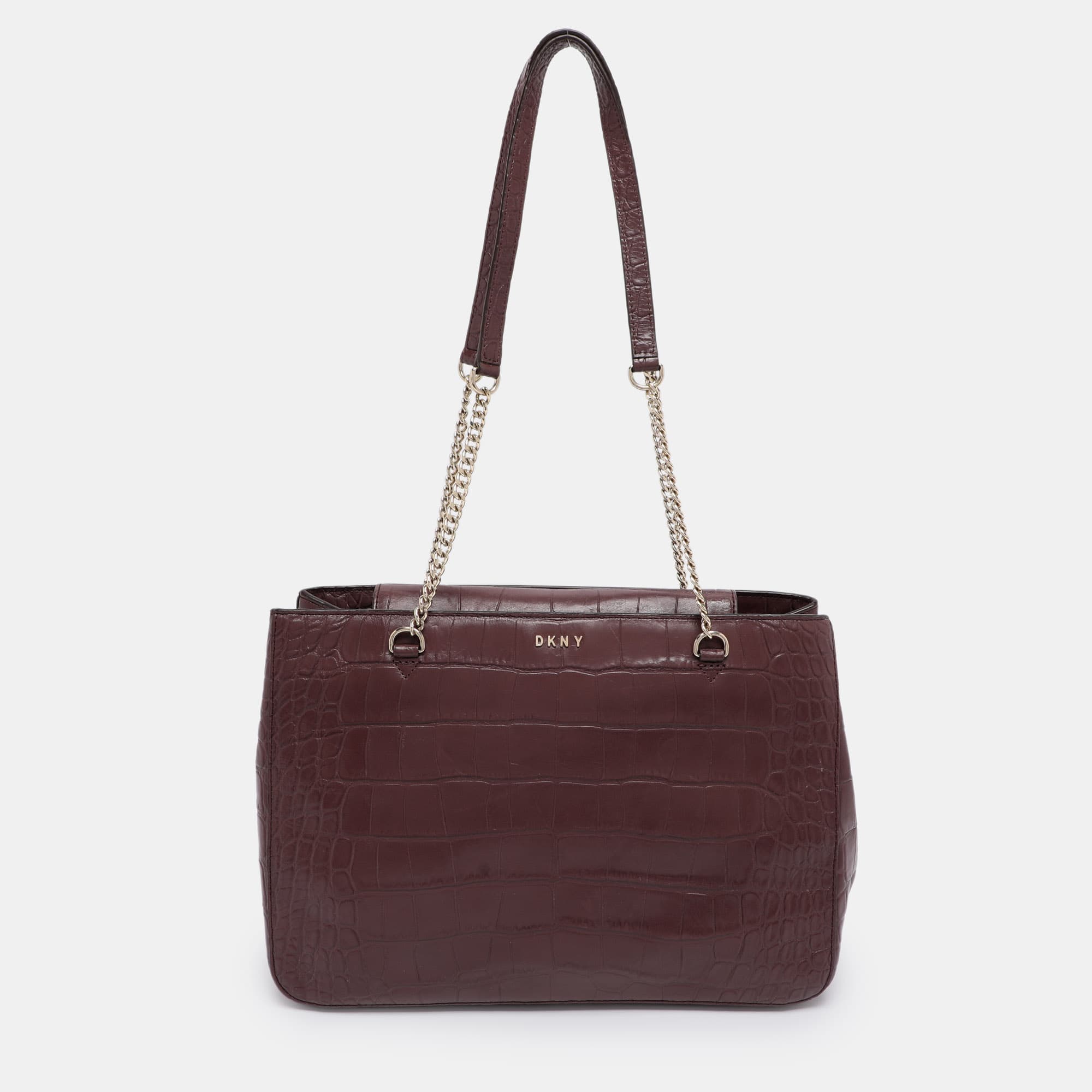 Dkny Burgundy Croc Embossed Leather Totes Bag
