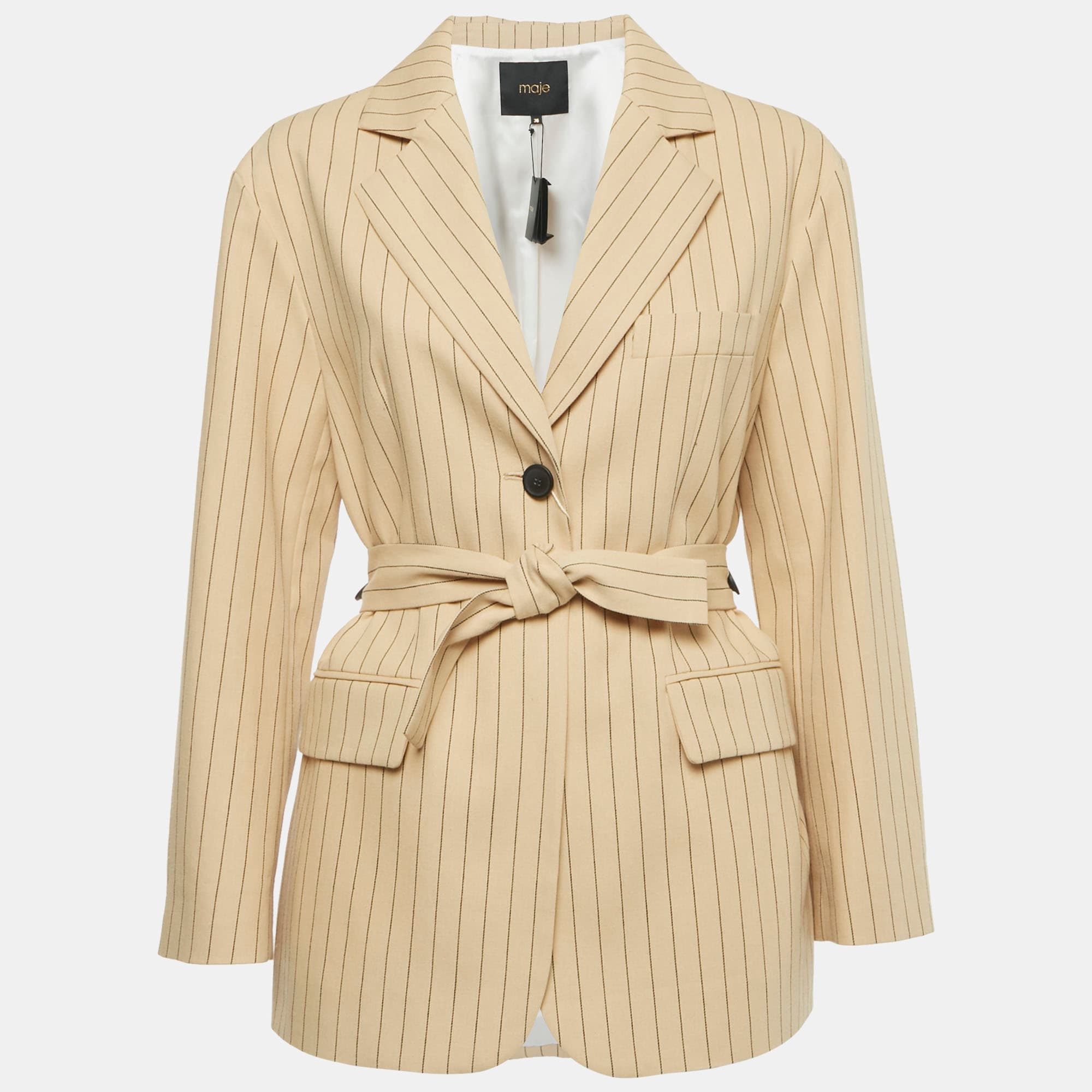 Maje Beige Striped Cotton Blend  Belted Blazer S