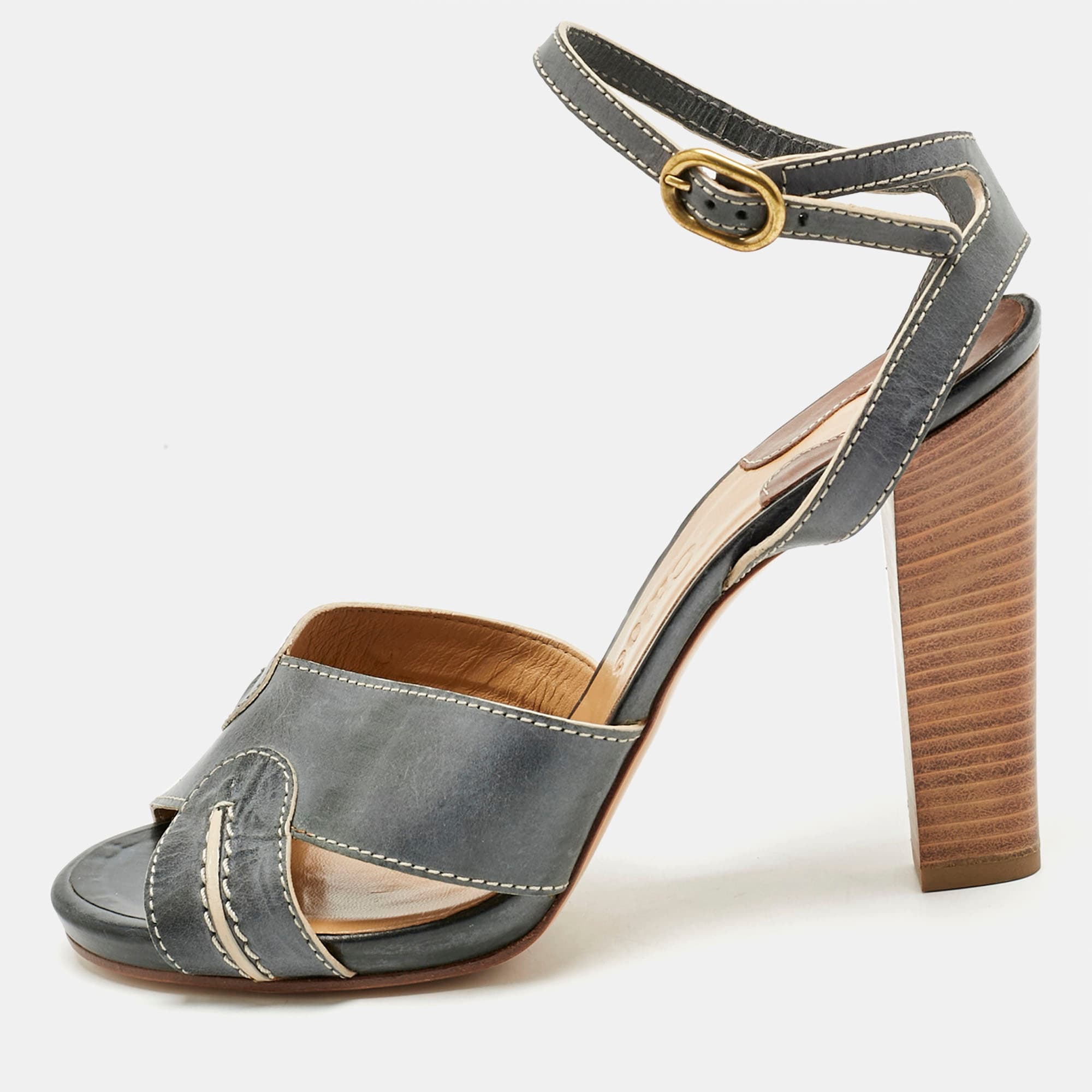Chloe Grey/Beige Leather Ankle Strap Sandals Size 40