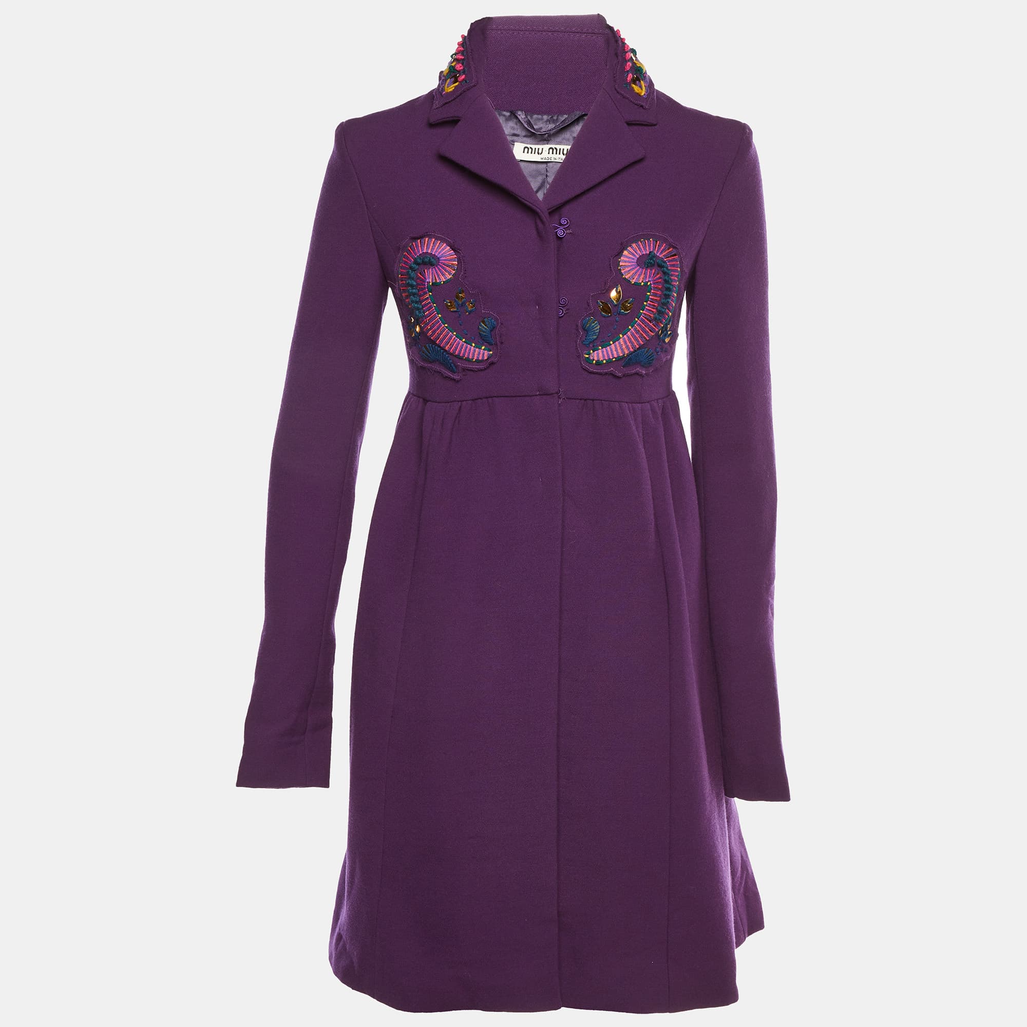 Miu Miu Purple Wool Embellished Long Sleeve Coat S