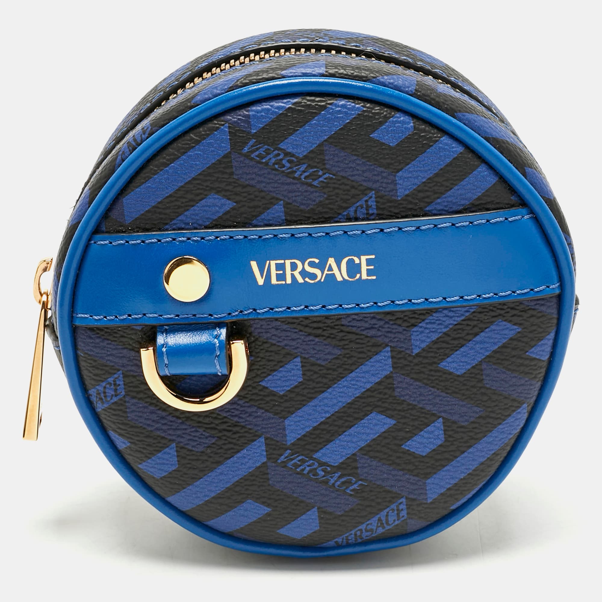 Versace Blue Coated Canvas and Leather La Greca Zip Round Pouch