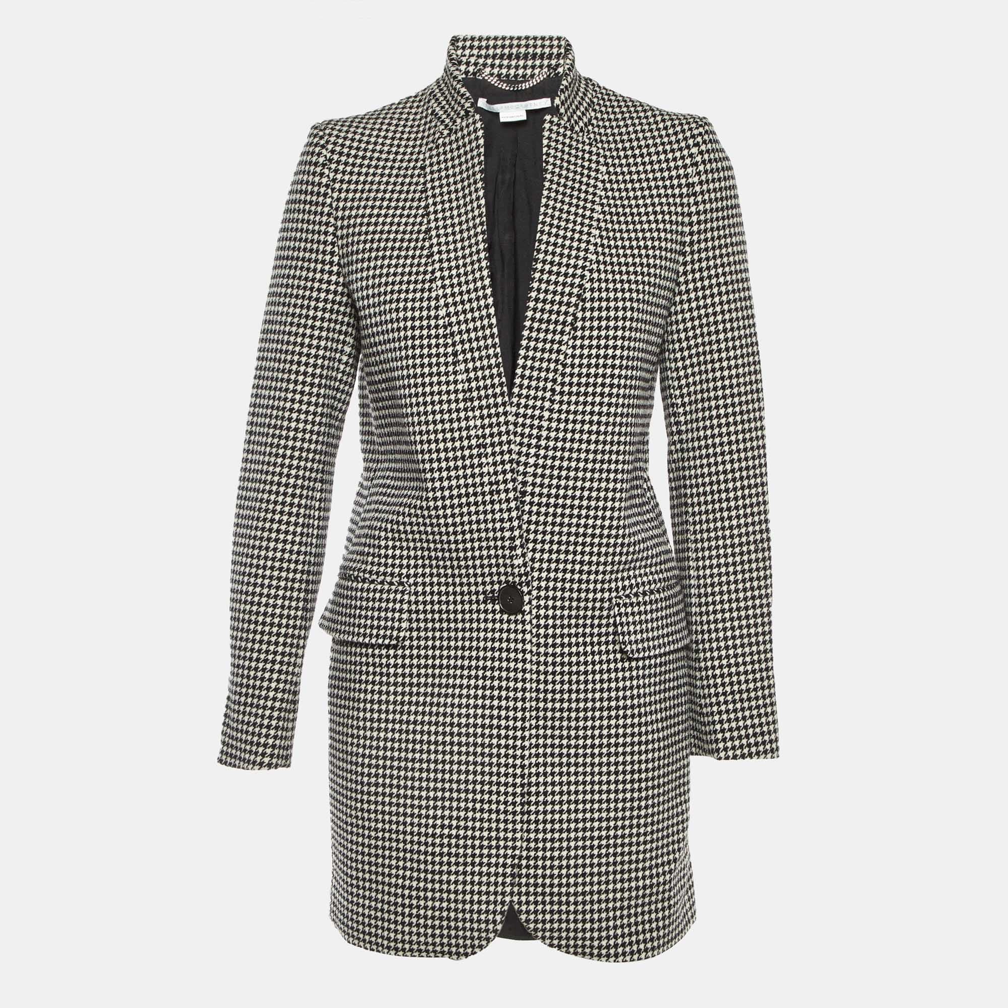 Stella McCartney Monocrome Houndstooth Pattern Wool Mid Length Coat M