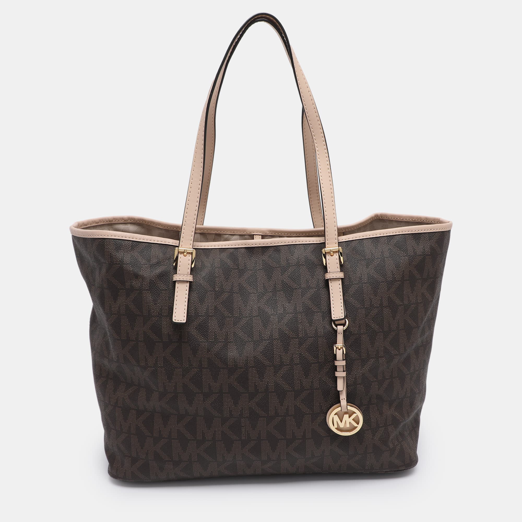 Michael Kors Jet Set Brown Coated Canvas and Leather Totes Bag