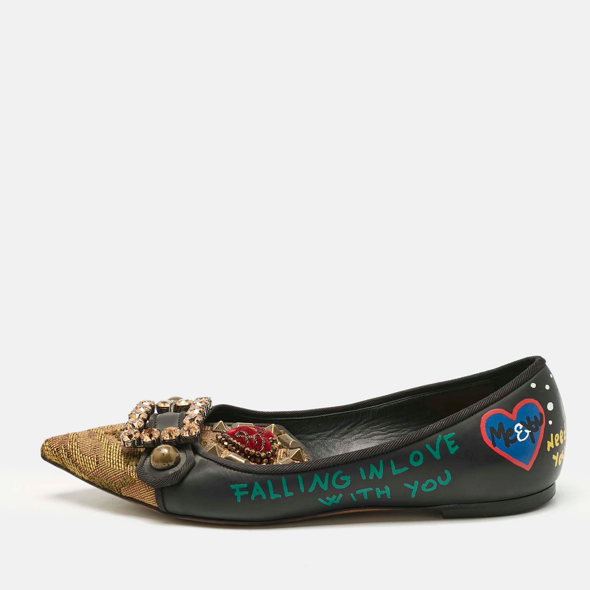 Dolce & Gabbana Black Canvas and Leather Crystal Embellishment Ballet Flats  Size 38