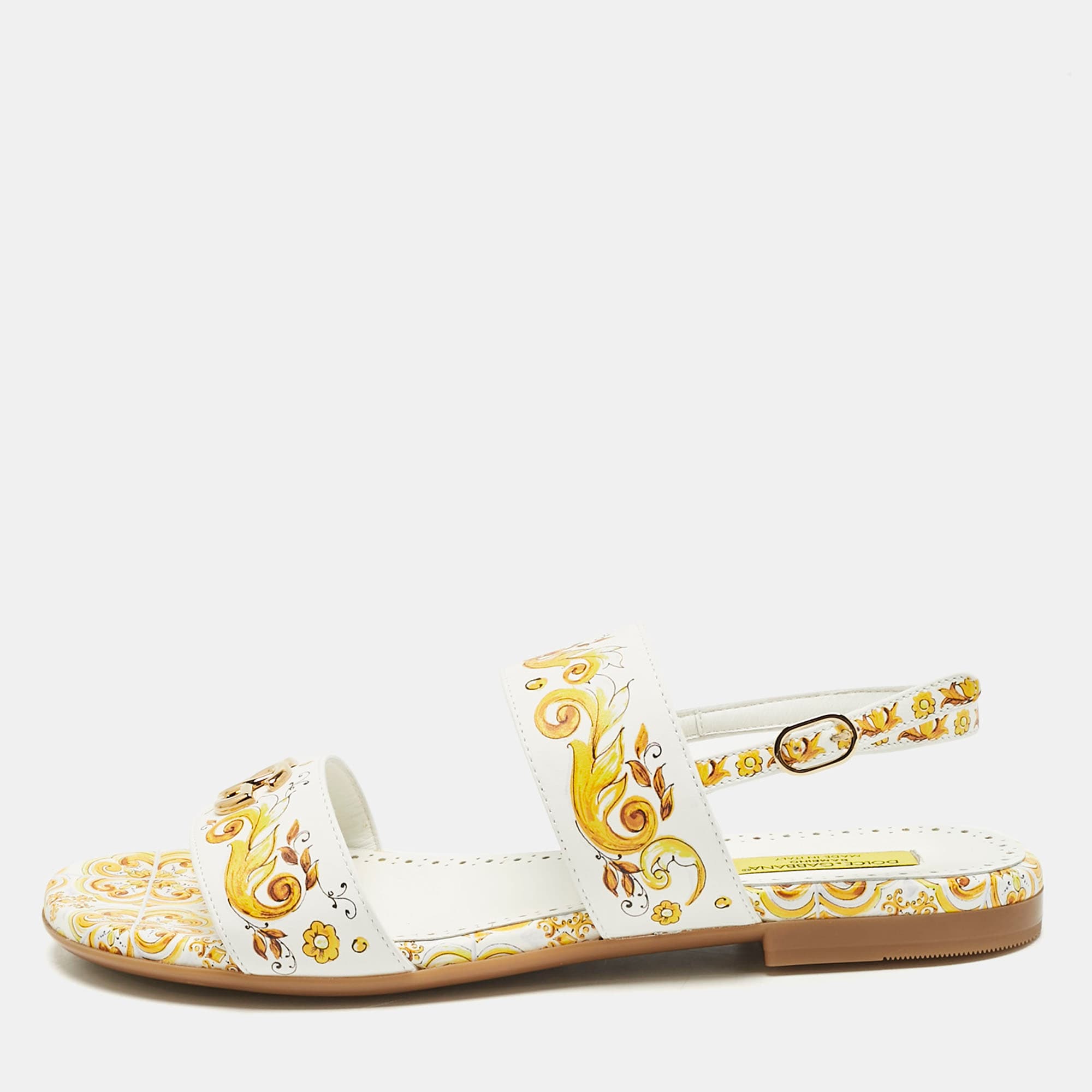 Dolce & Gabbana Yellow/White Majolica Print Leather Flat Sandals Size 37