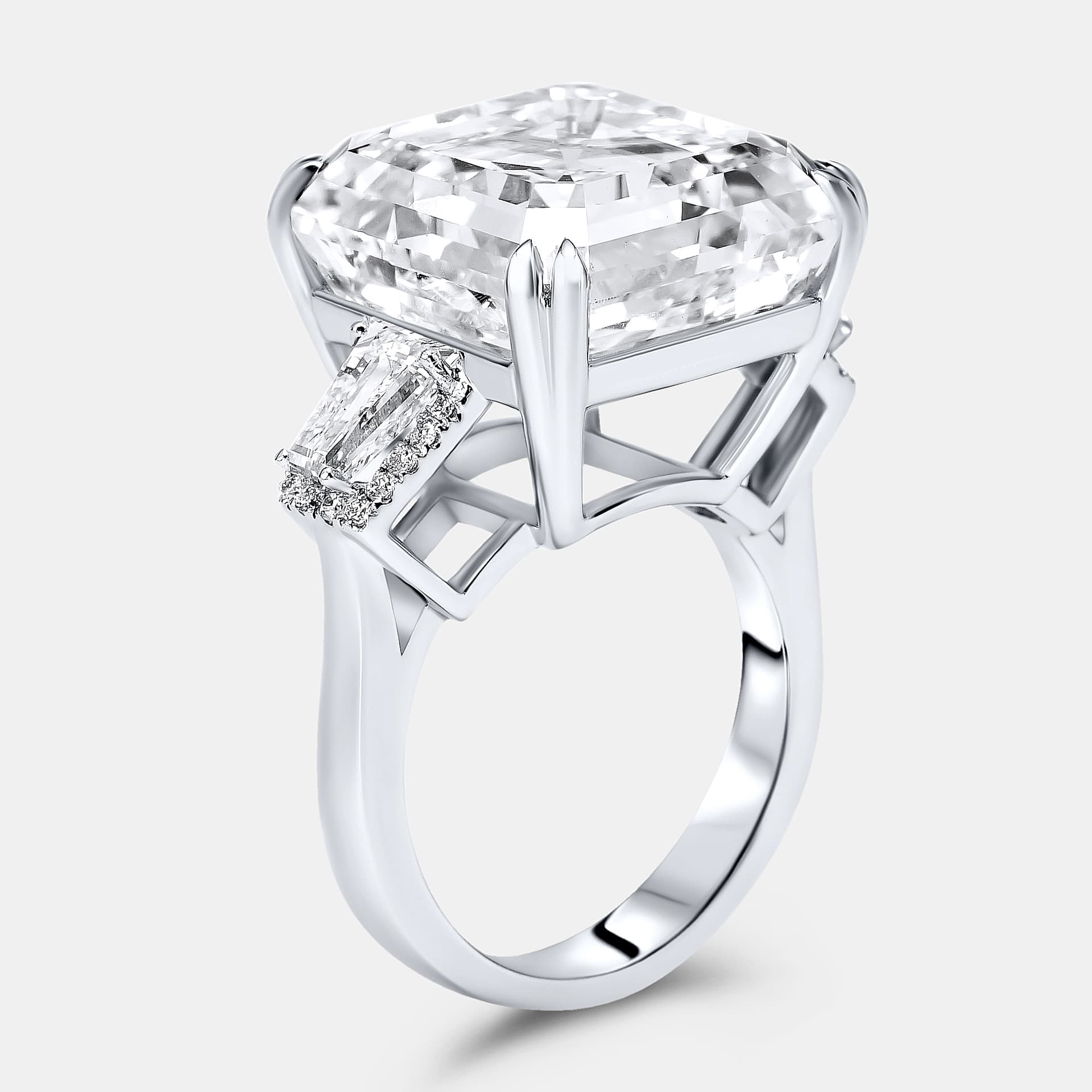 23.2 cts Asscher, Trapezoid and Round Lab Grown Diamond 18k White Gold Ring Size 51