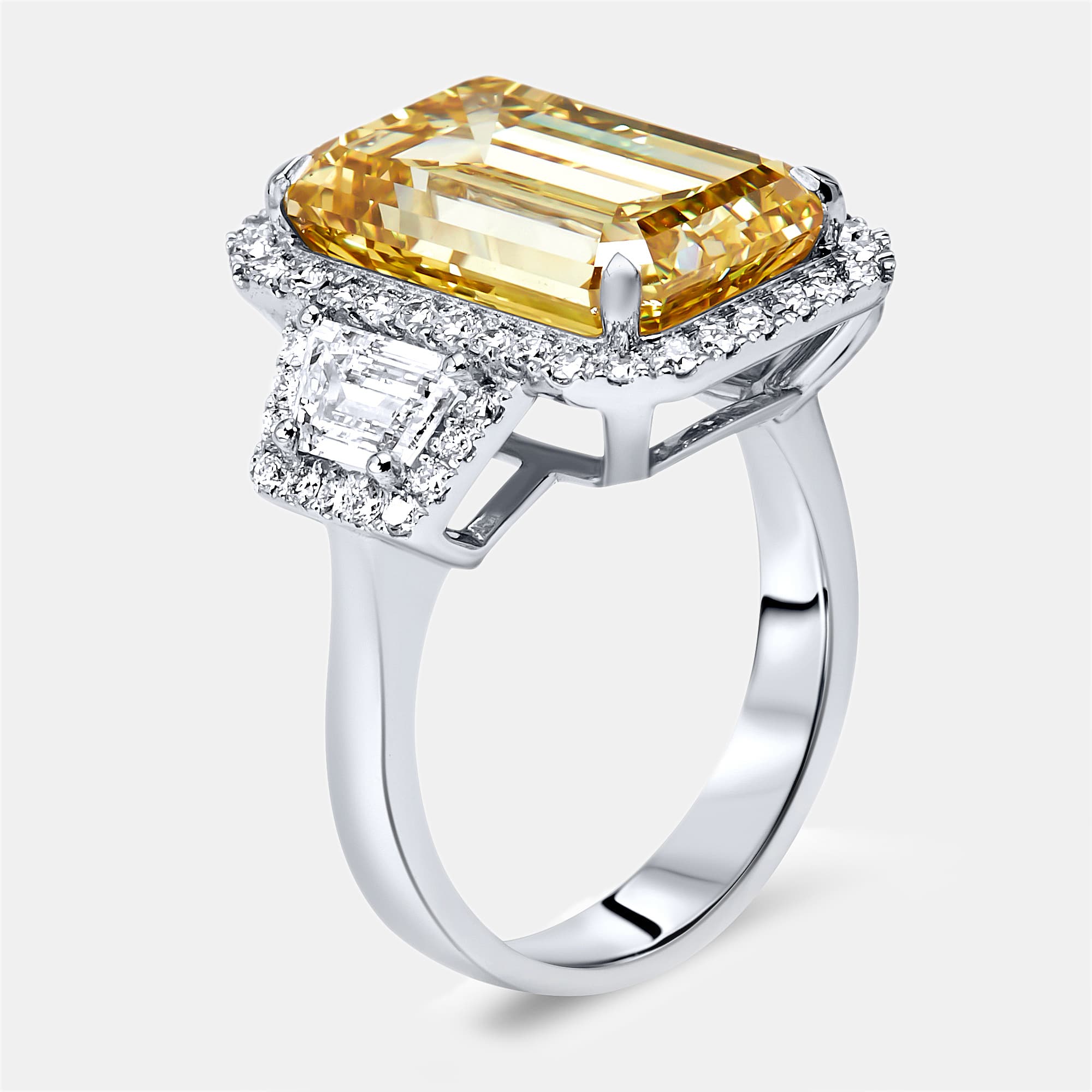 11.6 cts Yellow Emerald Cut and Round Lab Grown Diamond 18k White Gold Ring Size 52