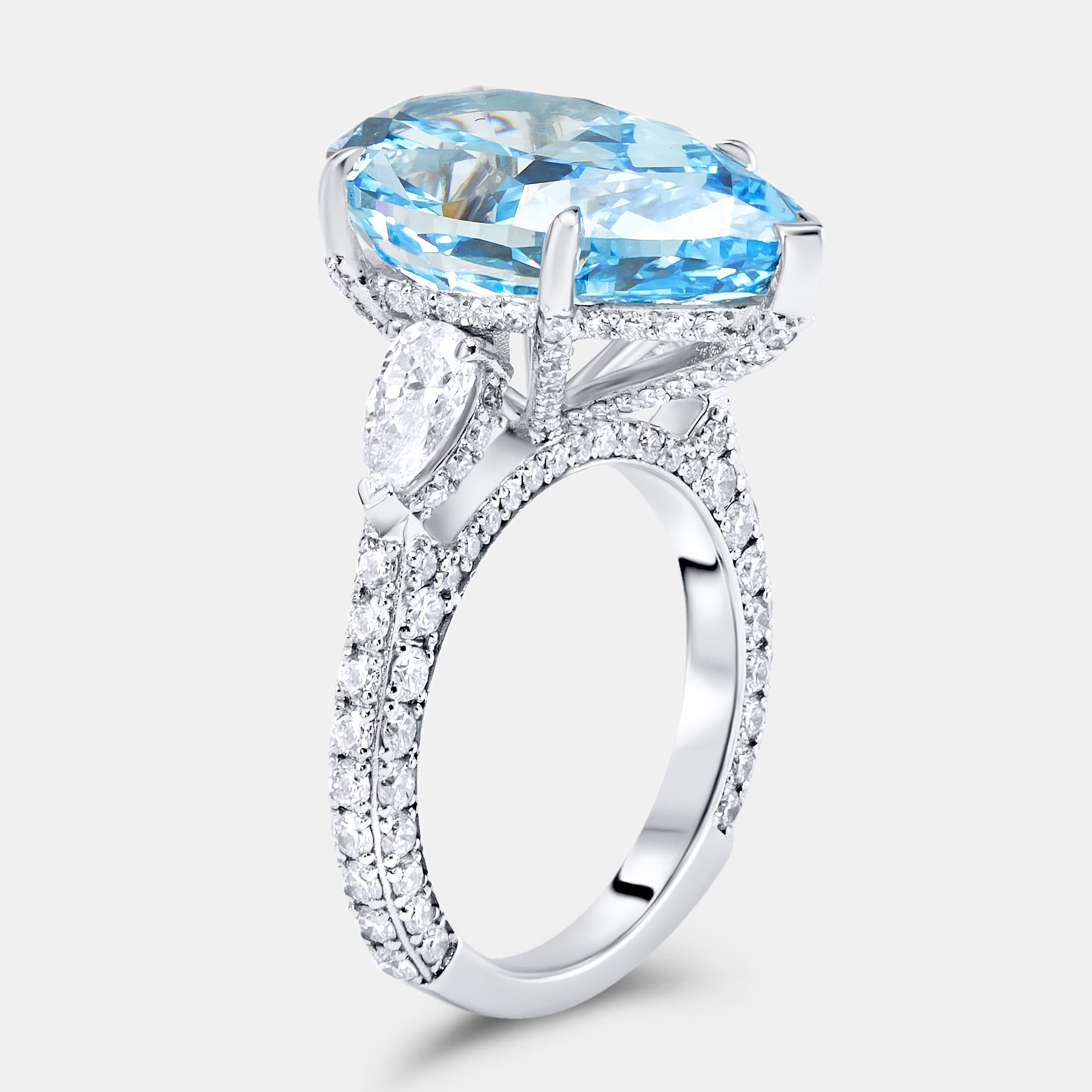 13.3 cts Fancy Blue Pear Brilliant and Round 18k White Gold Lab Grown Diamonds Ring Size 52