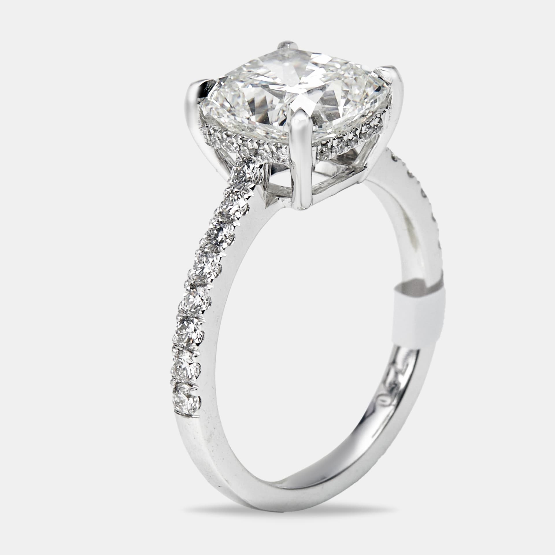 3.4 cts Cushion and Round Lab Grown Diamond 18k White Gold Ring Size 53