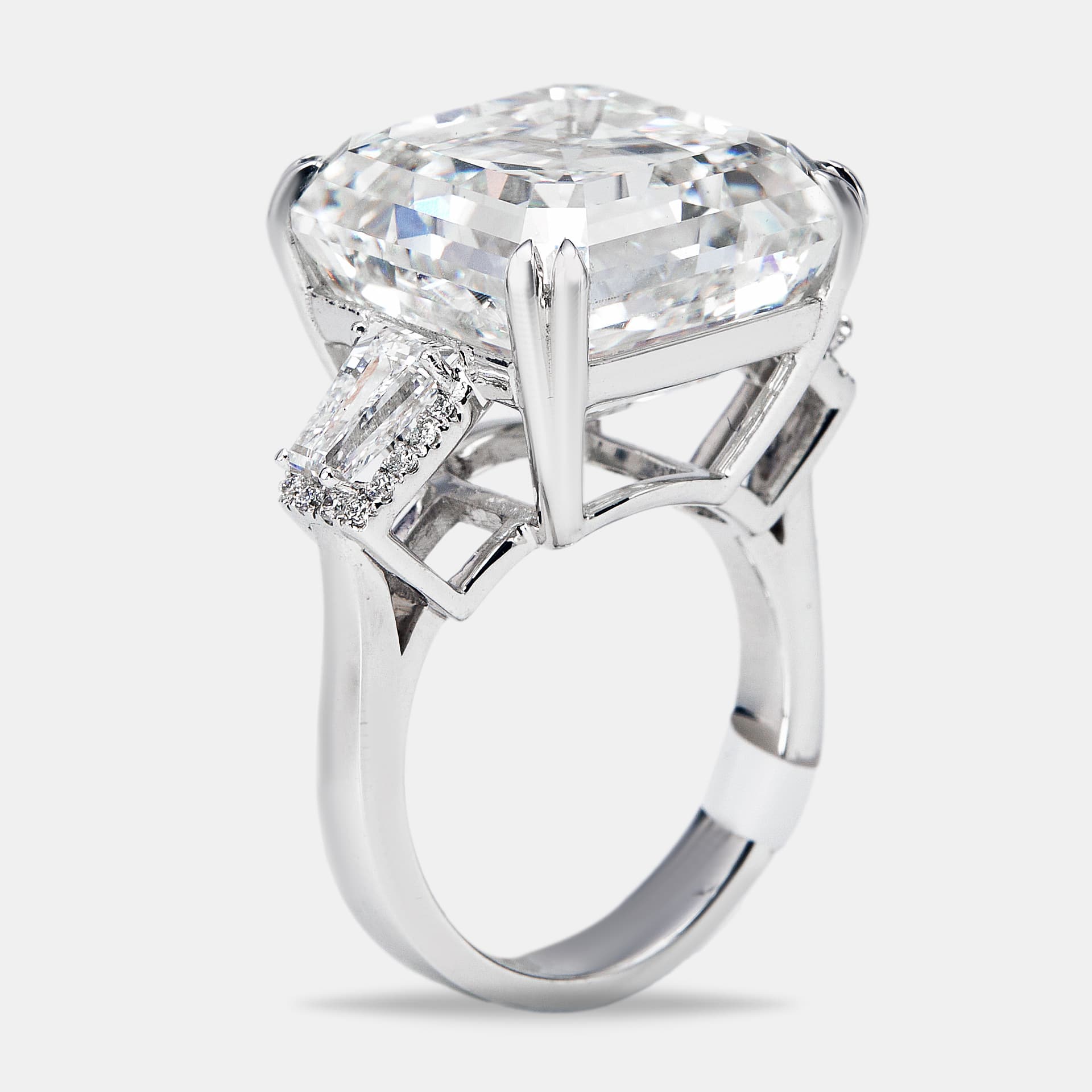 23.2 cts Asscher, Trapezoid and Round Lab Grown Diamond 18k White Gold Ring Size 54