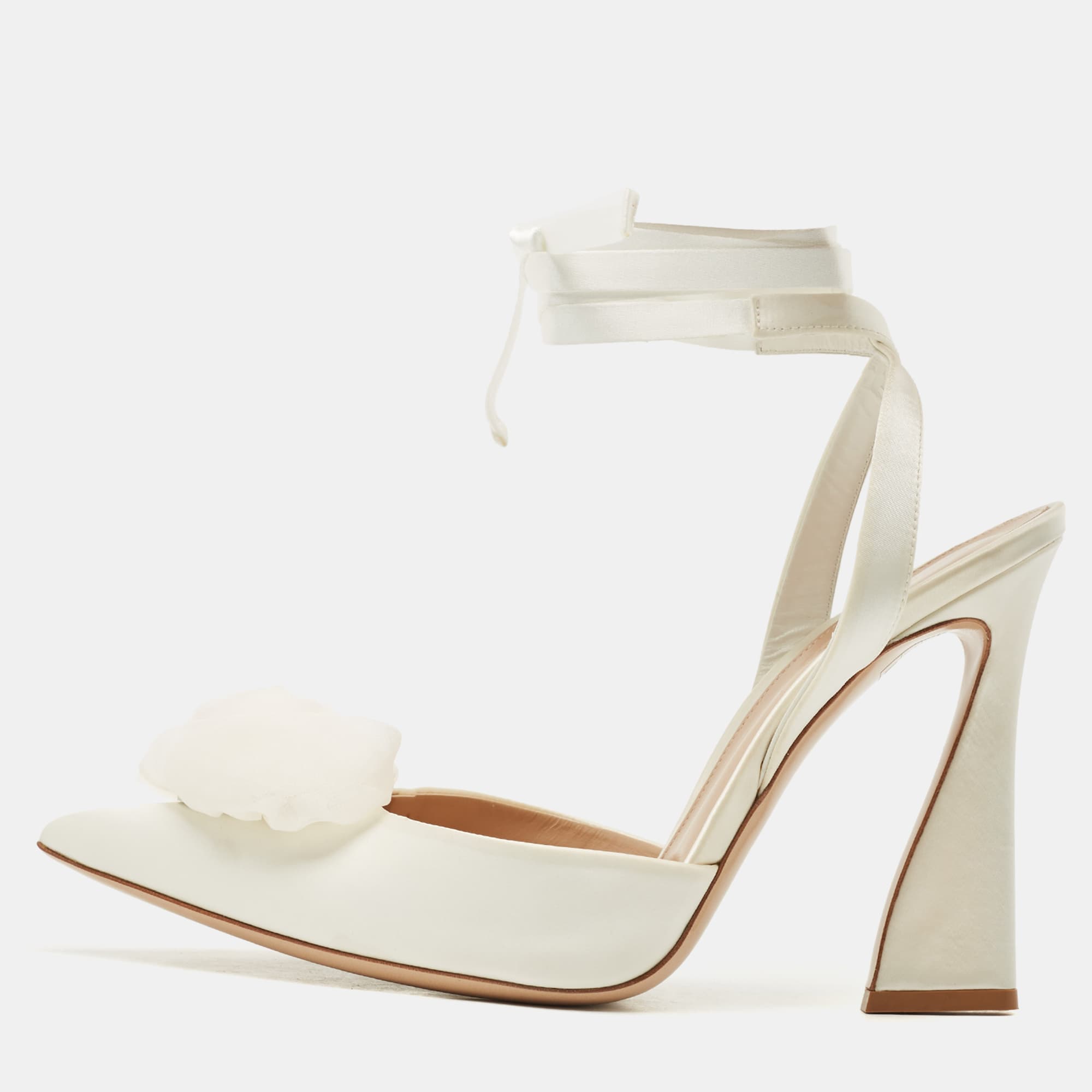 Gianvito Rossi White Satin Flower Embellished Ankle Wrap Pumps Size 41