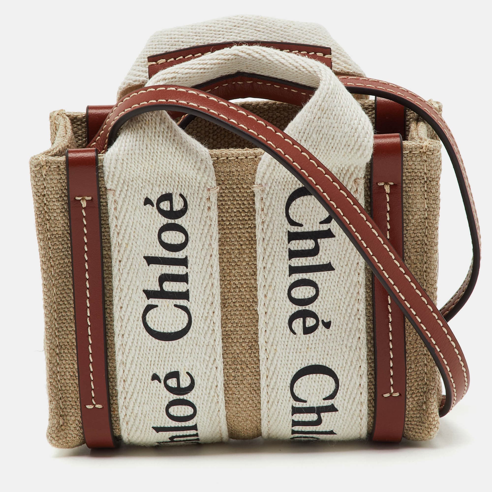 Chloe Beige/Brown Canvas and Leather Nano Woody Tote