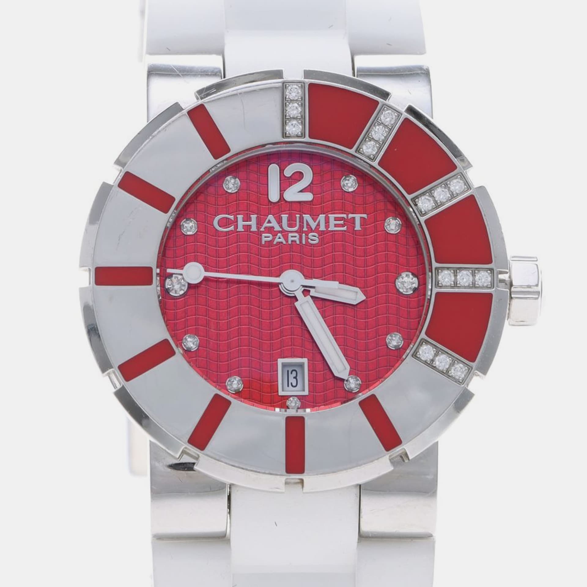 Chaumet Class One 622C Quartz Red Dial Stainless Steel Diamonds Women's Wristwatch 33mm