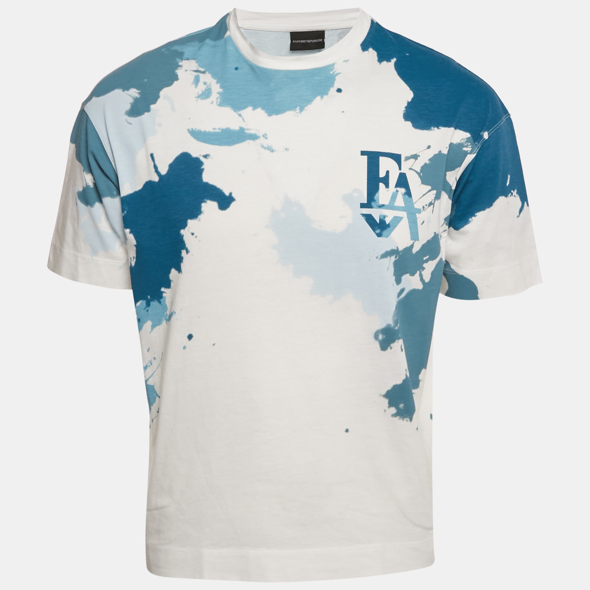 Emporio Armani White/Blue Printed Jersey Crewneck T-Shirt S