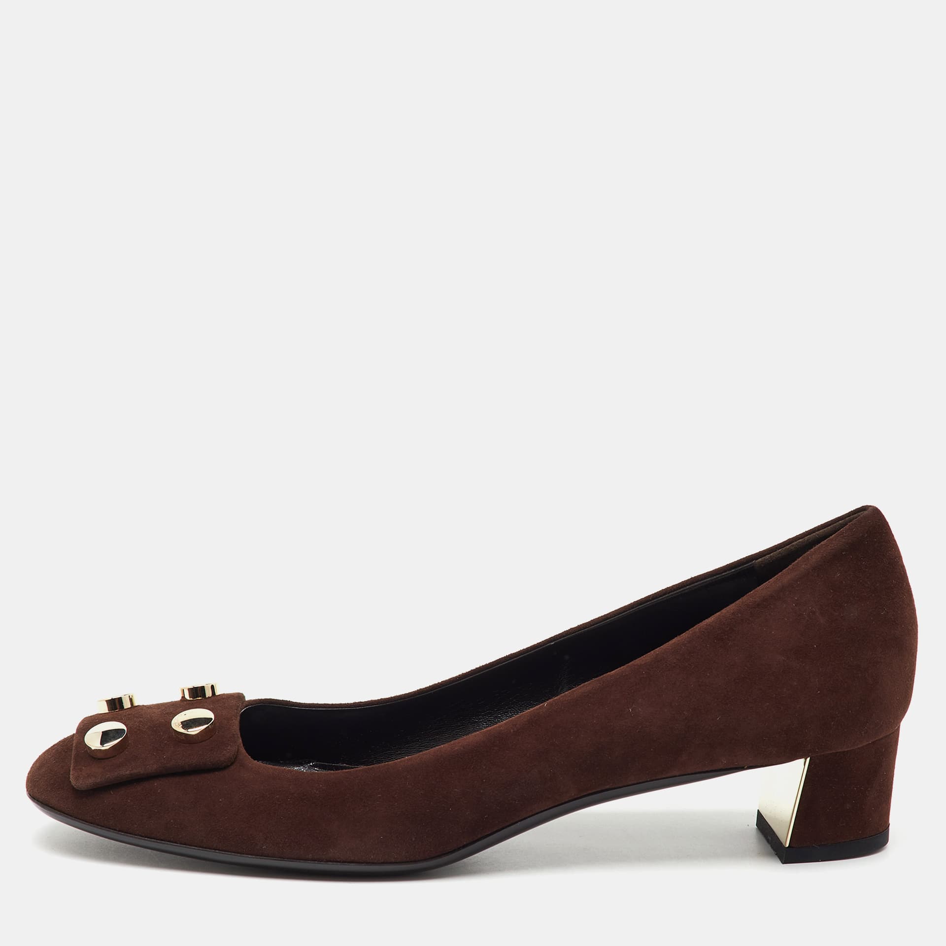 Gucci Dark Brown Suede Rivet Block Heel Pumps Size 39.5