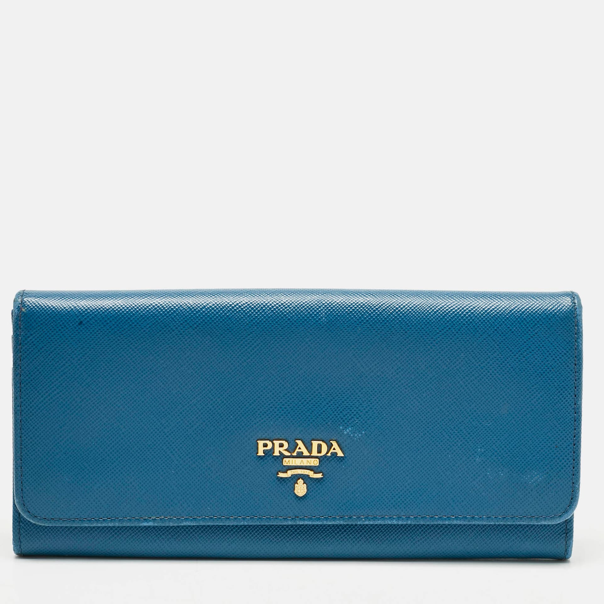 Prada Blue Saffiano Lux Leather Flap Continental Wallet