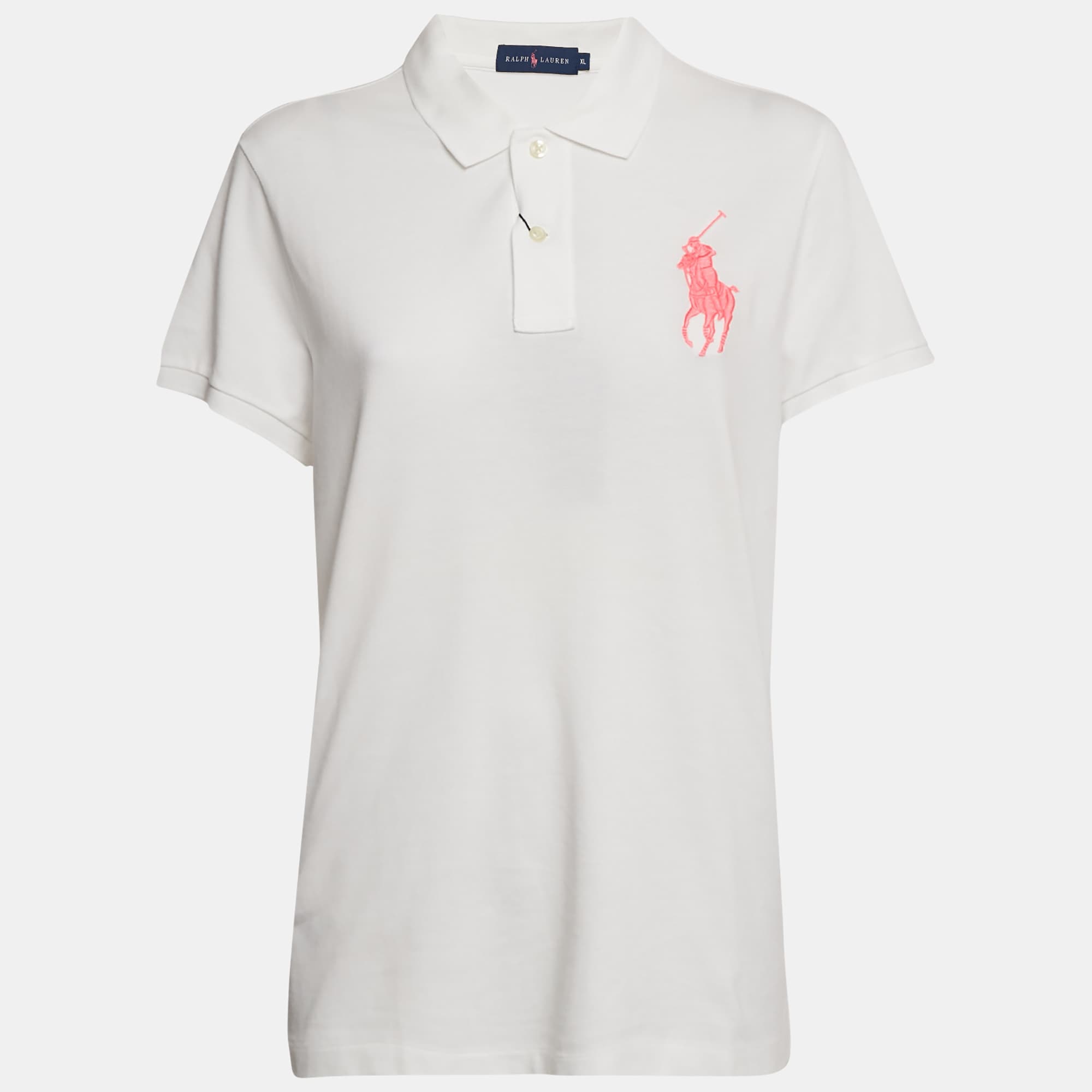 Ralph Lauren White Cotton Pique Pink Pony Polo T-Shirt XL