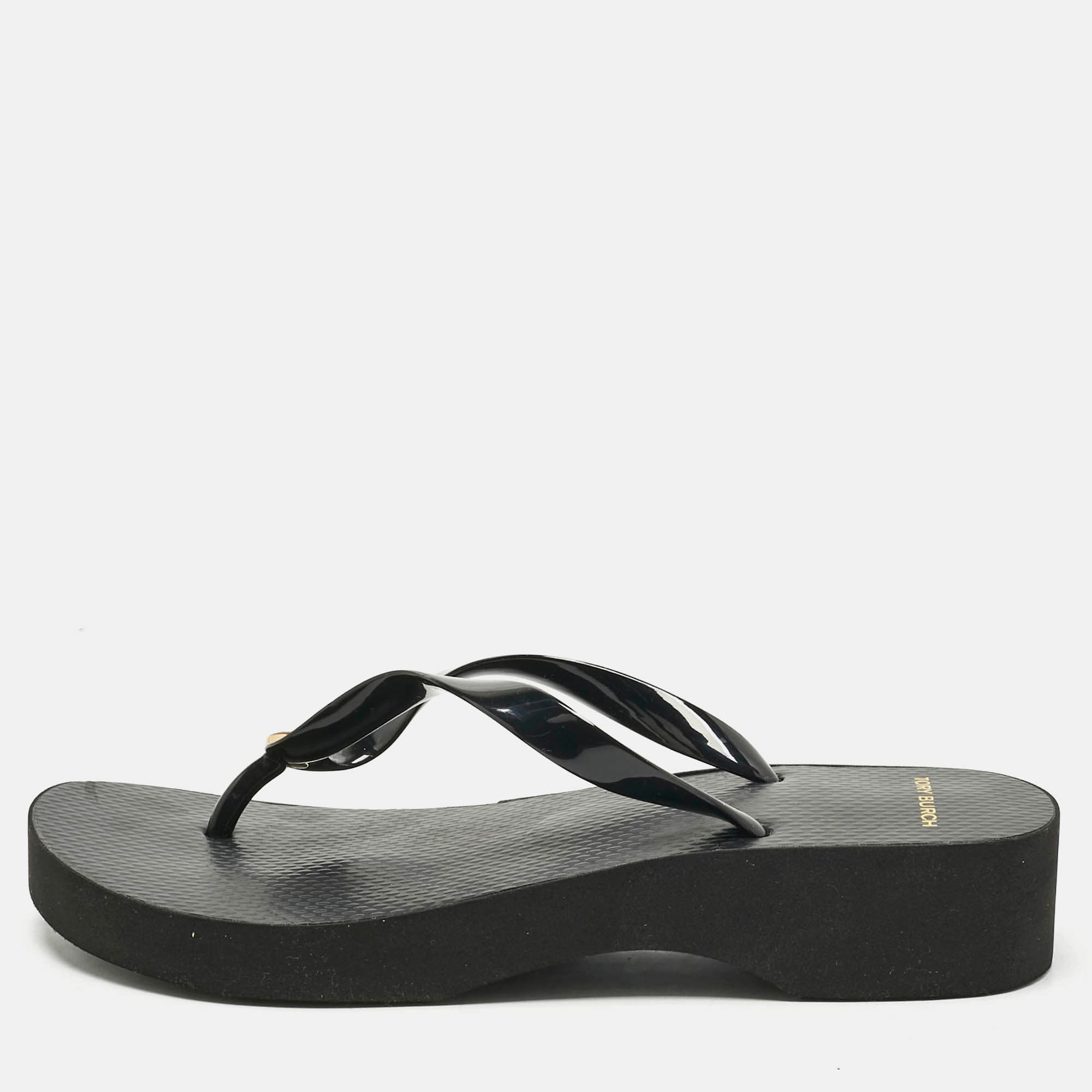 Tory Burch Black Rubber Cut-Out Wedge Flip Flops Size 40