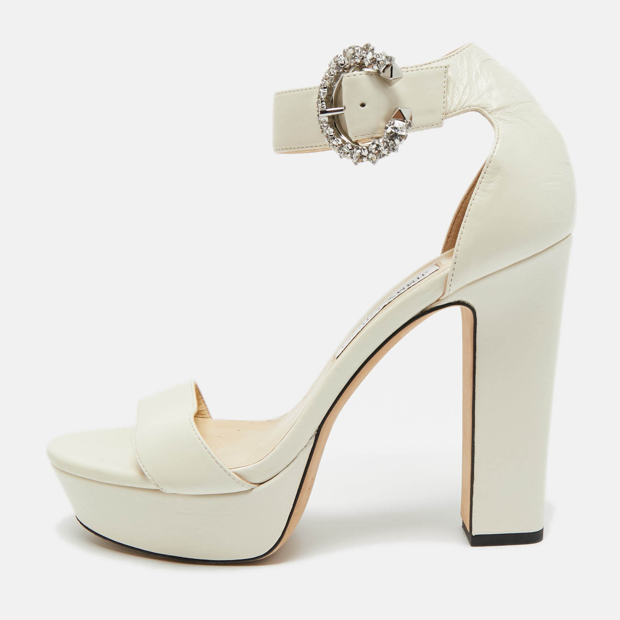 Jimmy Choo Cream Leather Crystal Embellished Ankle Strap Sandals Size 39