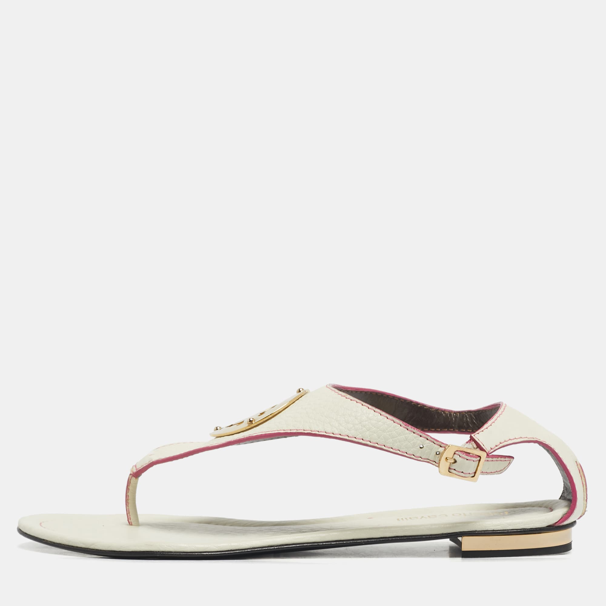 Roberto Cavalli White/Pink Leather Gold Logo Thong Flat Sandals Size 39