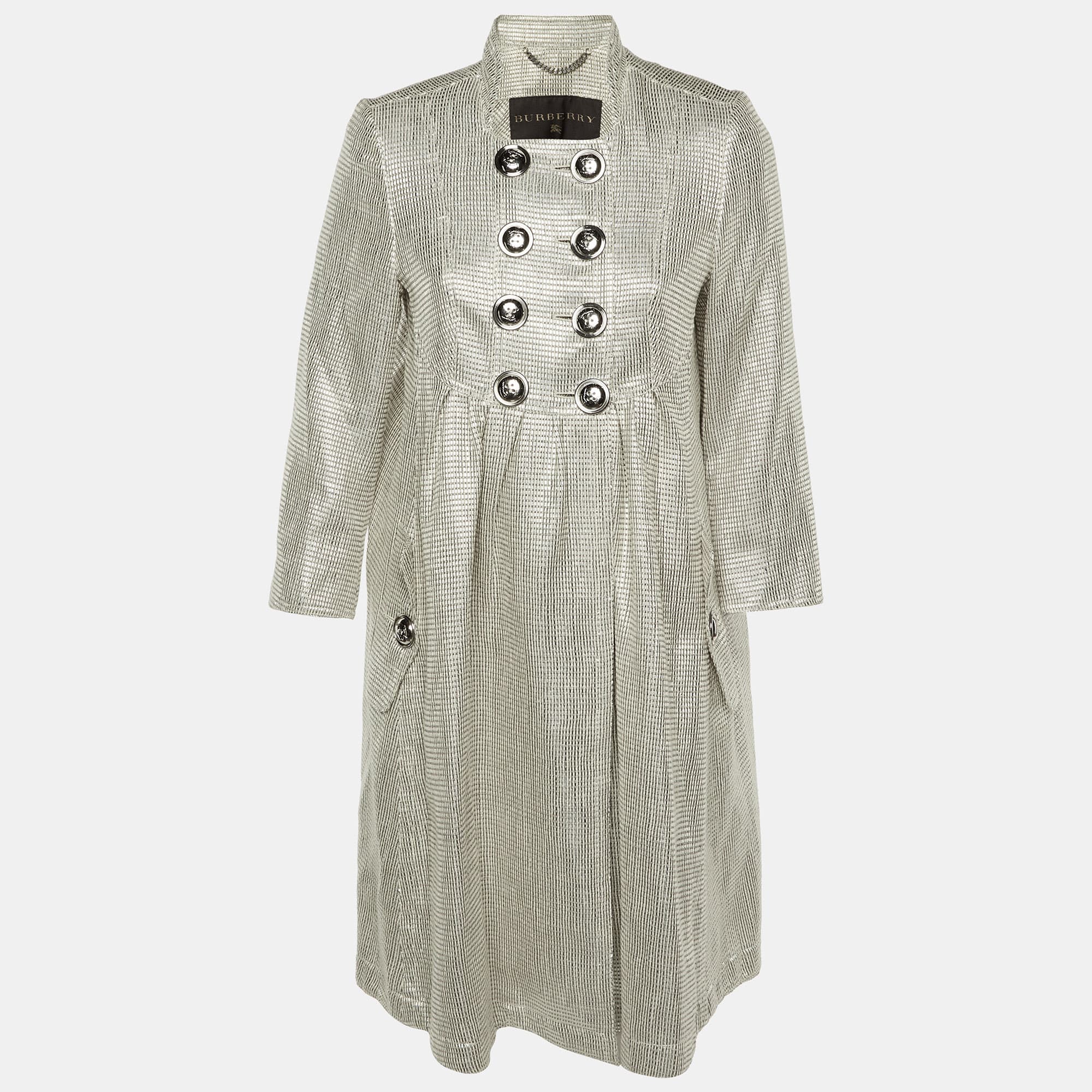 Burberry Silver Lurex Detail Double Breasted Coat M