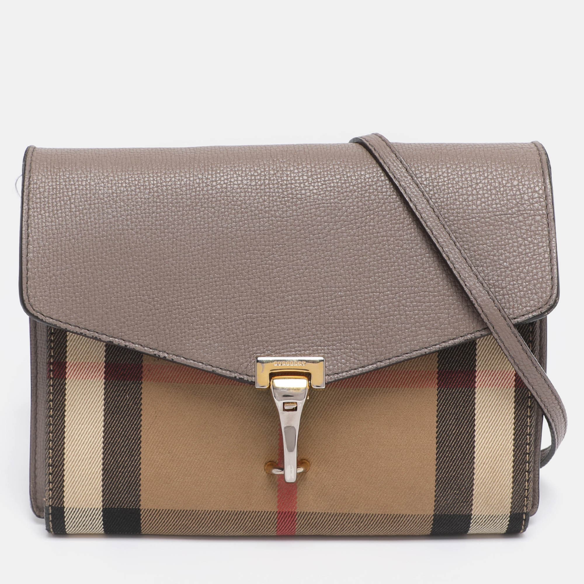 Burberry Taupe House Check Canvas and Leather Small Macken Crossbody Bag