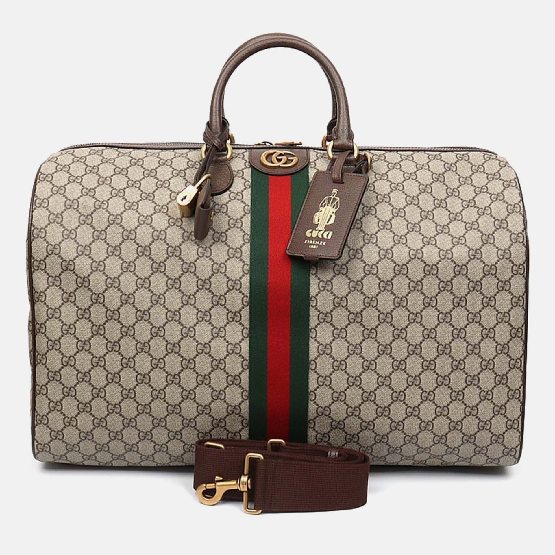 Gucci Beige Brown Leather and Coated canvas Ophidia Savoy Duffel Bag