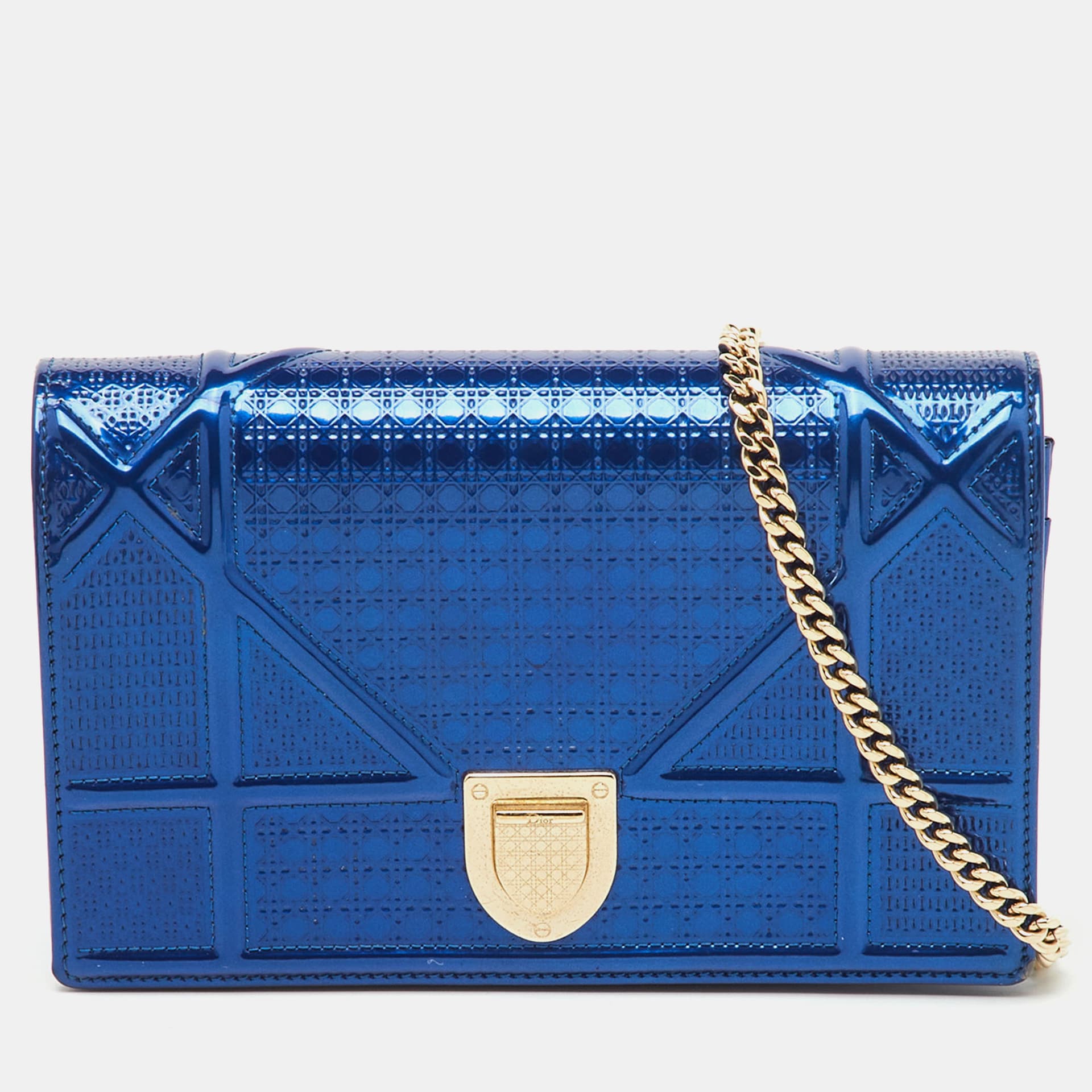 Dior Metallic Blue Micro Cannage Patent Leather Diorama Wallet on Chain