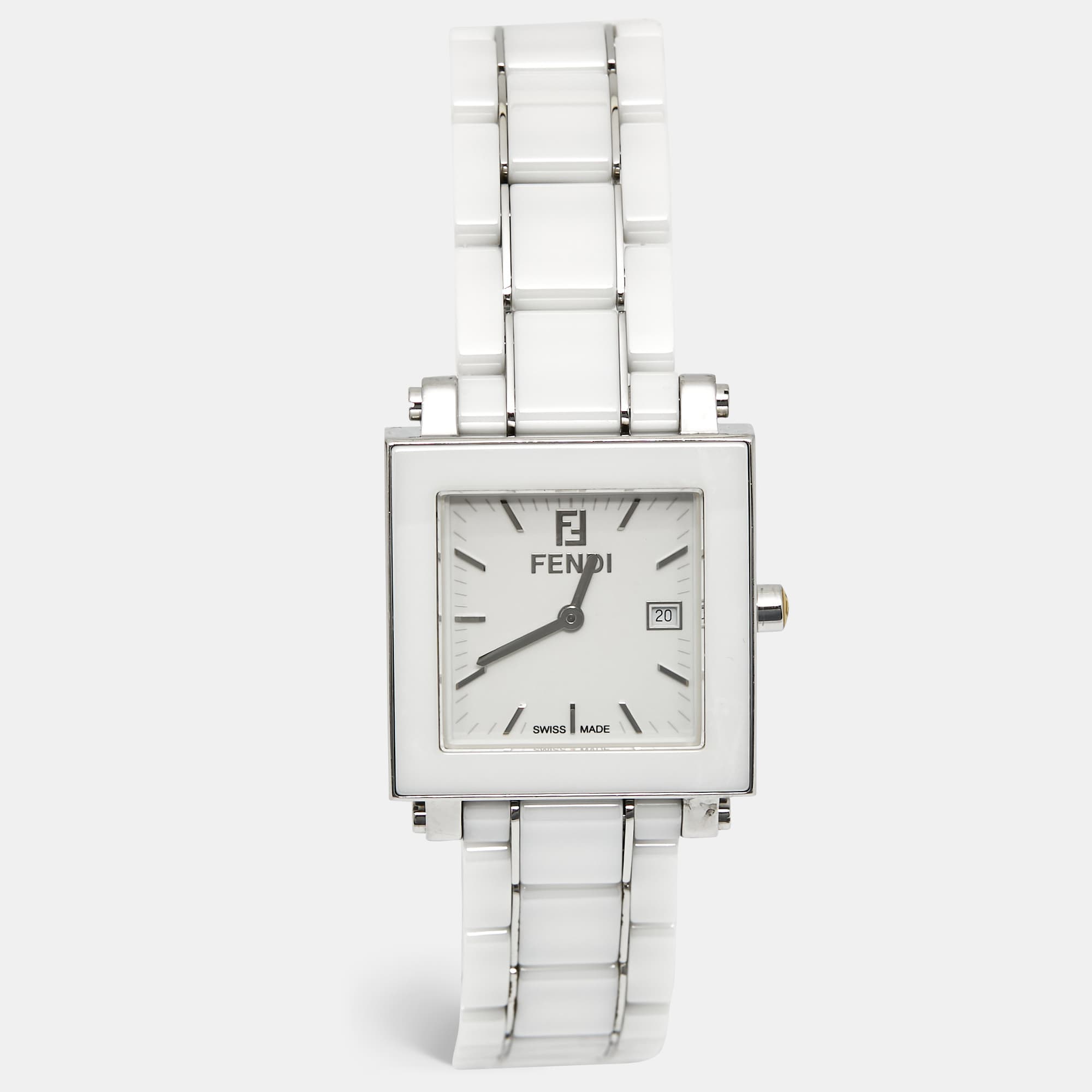 Fendi Quadro 6200G White Dial Ceramic Enamel Stainless Steel Unisex Wristwatch 30 mm