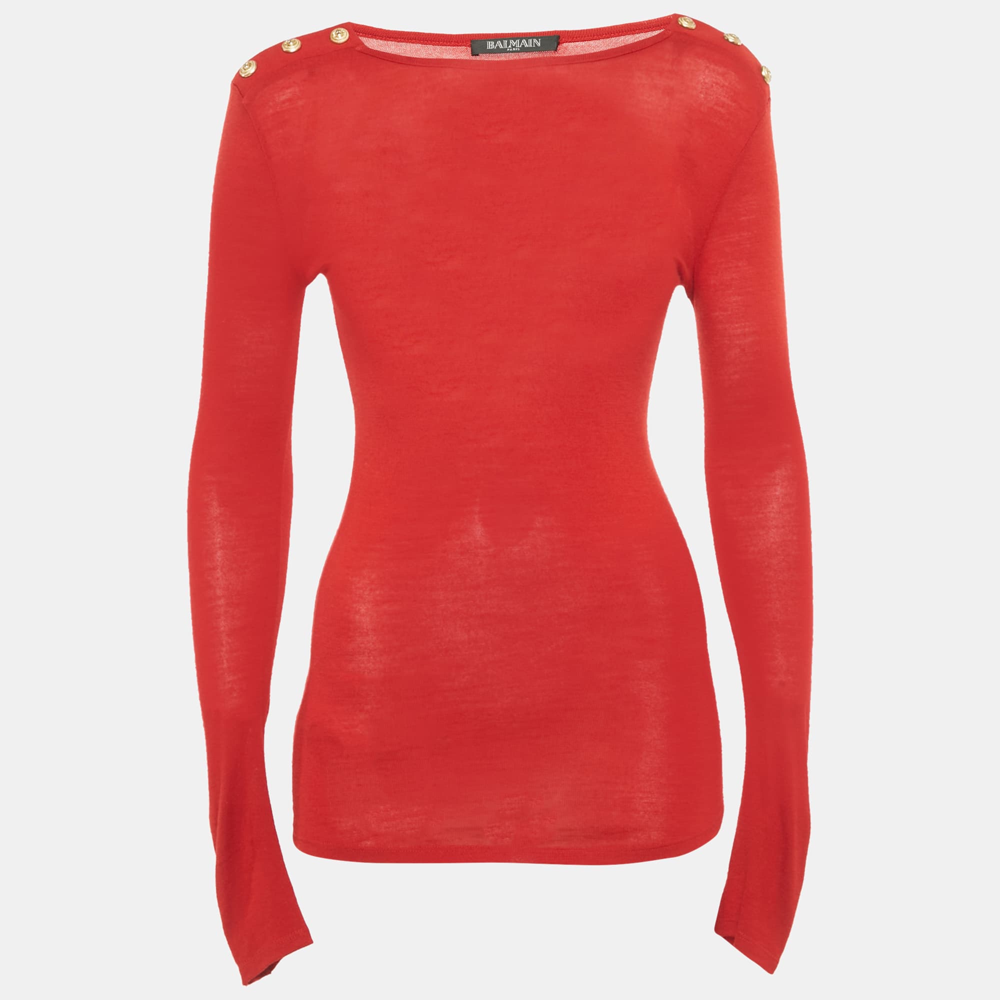 Balmain Red Wool Button Detail Long Sleeve Sweater S