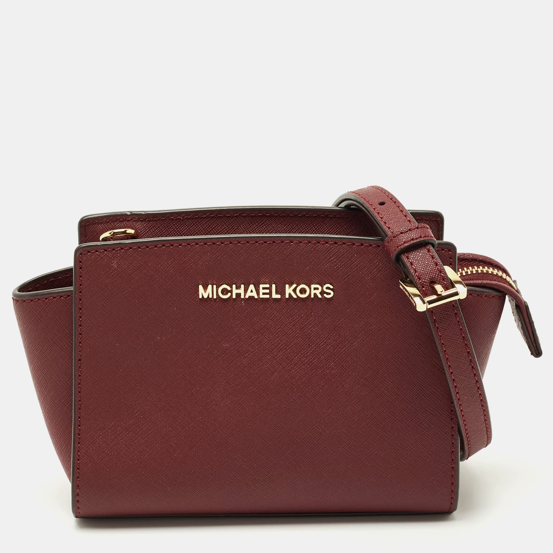Michael Kors Burgundy Saffiano Leather Mini Selma Crossbody Bag