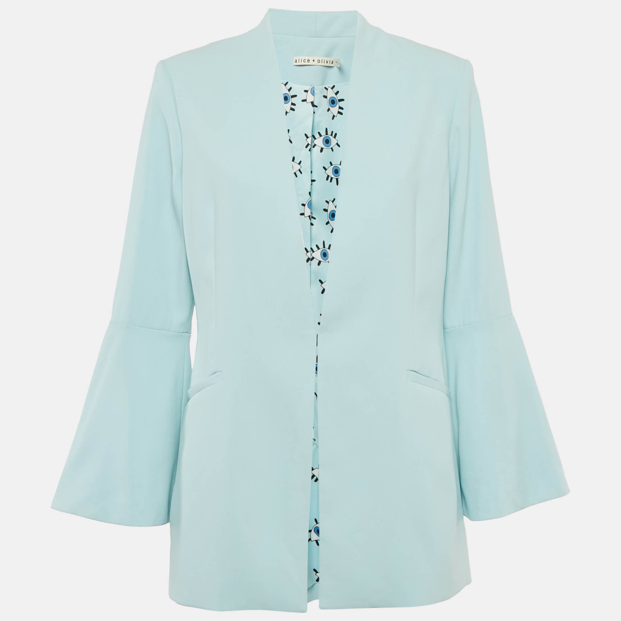 Alice + Olivia Light Blue Crepe Open Front Tailored Blazer L
