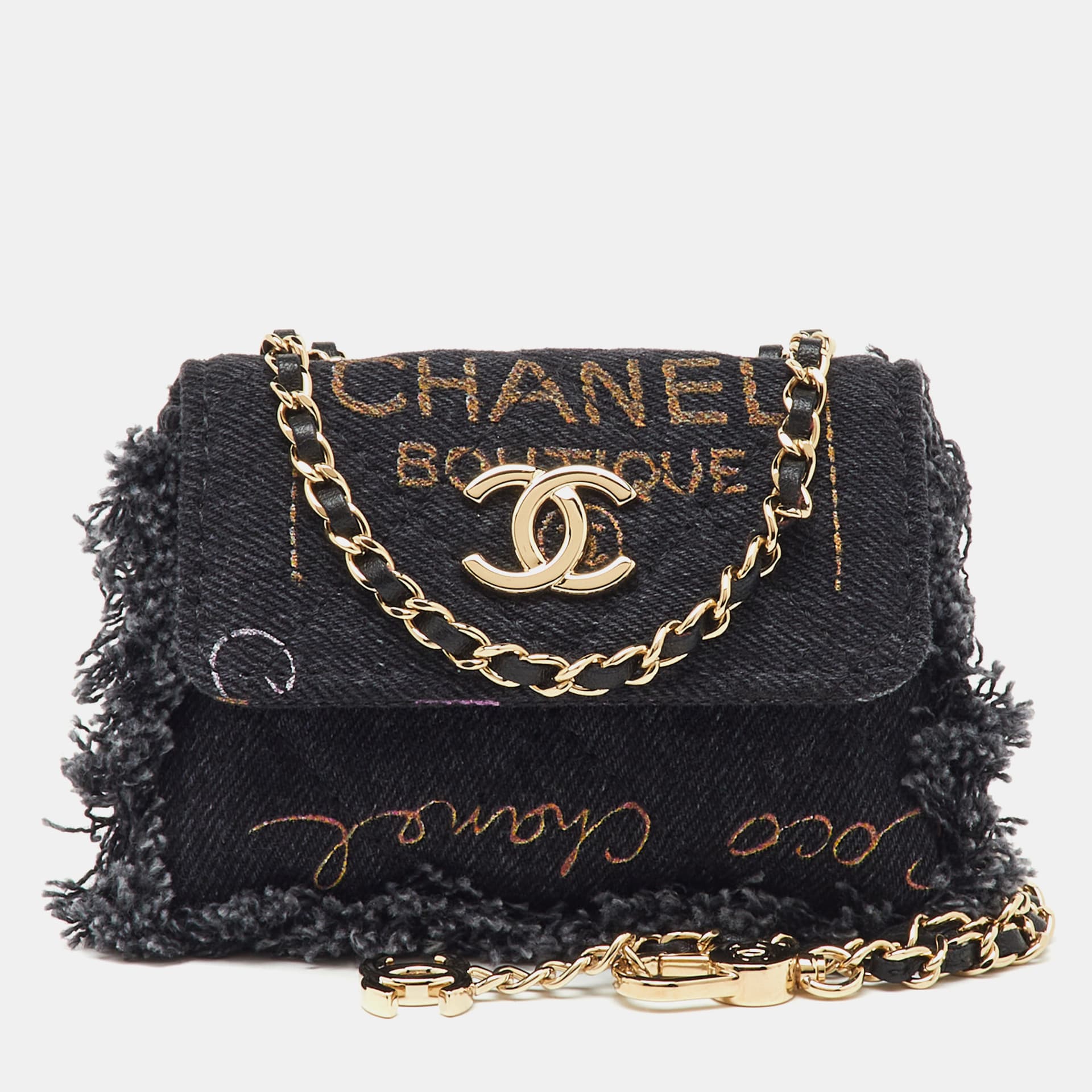 Chanel Black Denim Mood Convertible Chain Clutch