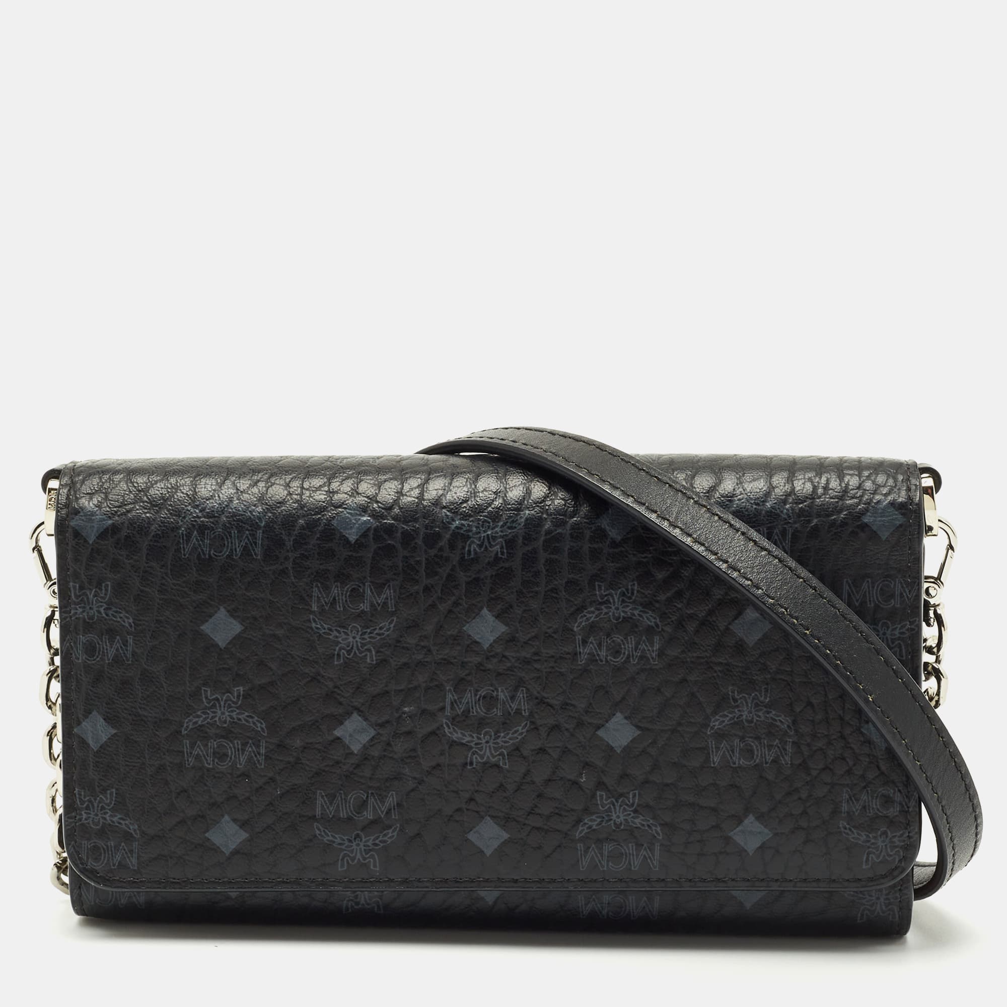 MCM Black Visetos Coated Canvas and Leather Trifold Wallet On Chain