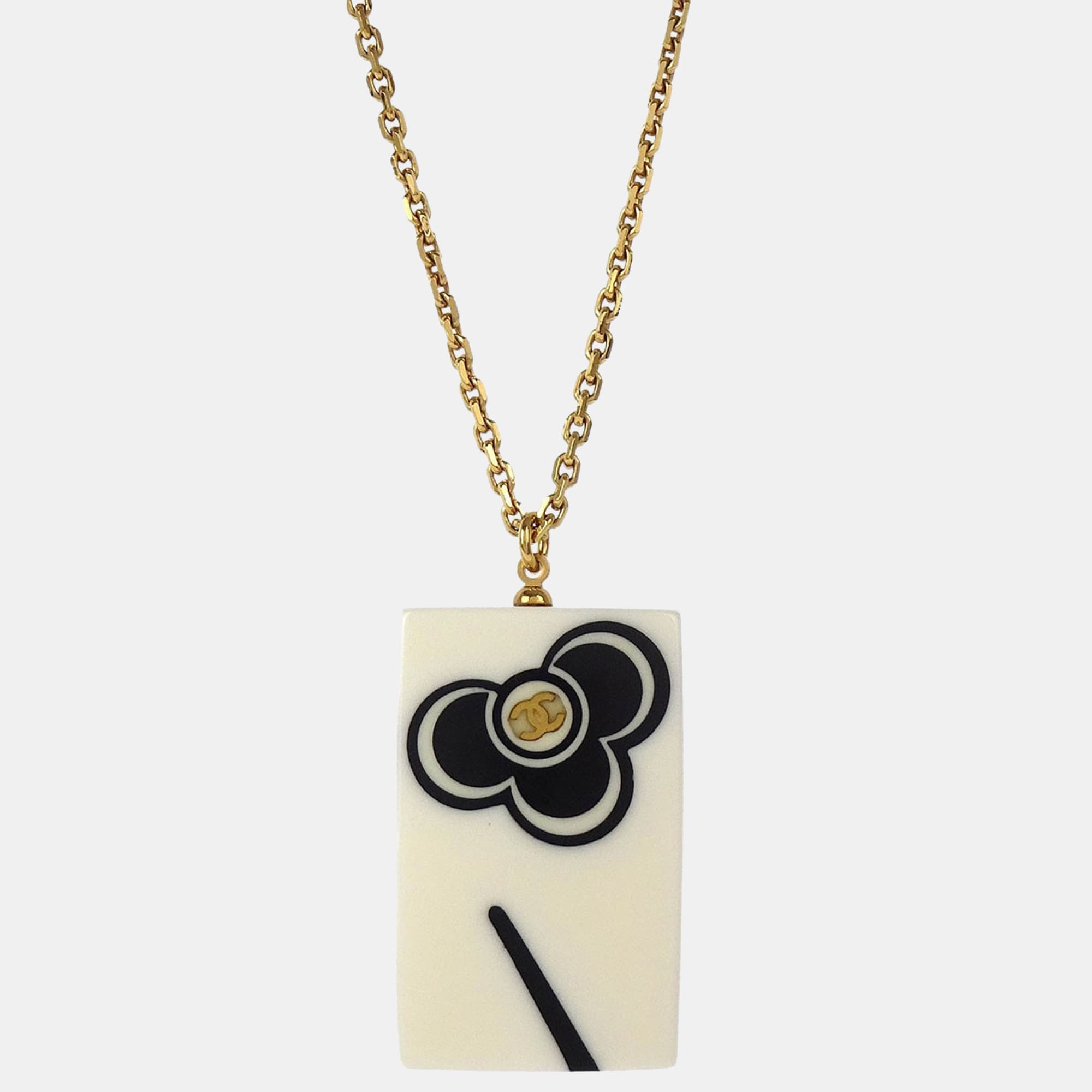 Chanel Rectangle Chain Necklace Pendant Gold White