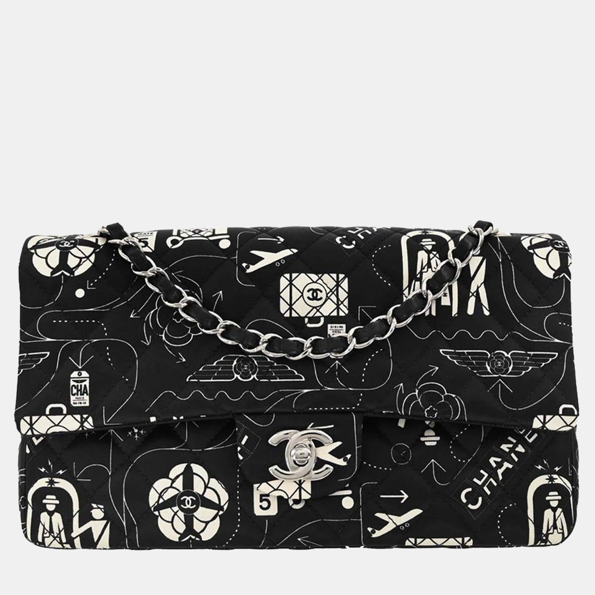 Chanel Black Satin Airline Medium Classic Double Flap Shoulder Bag