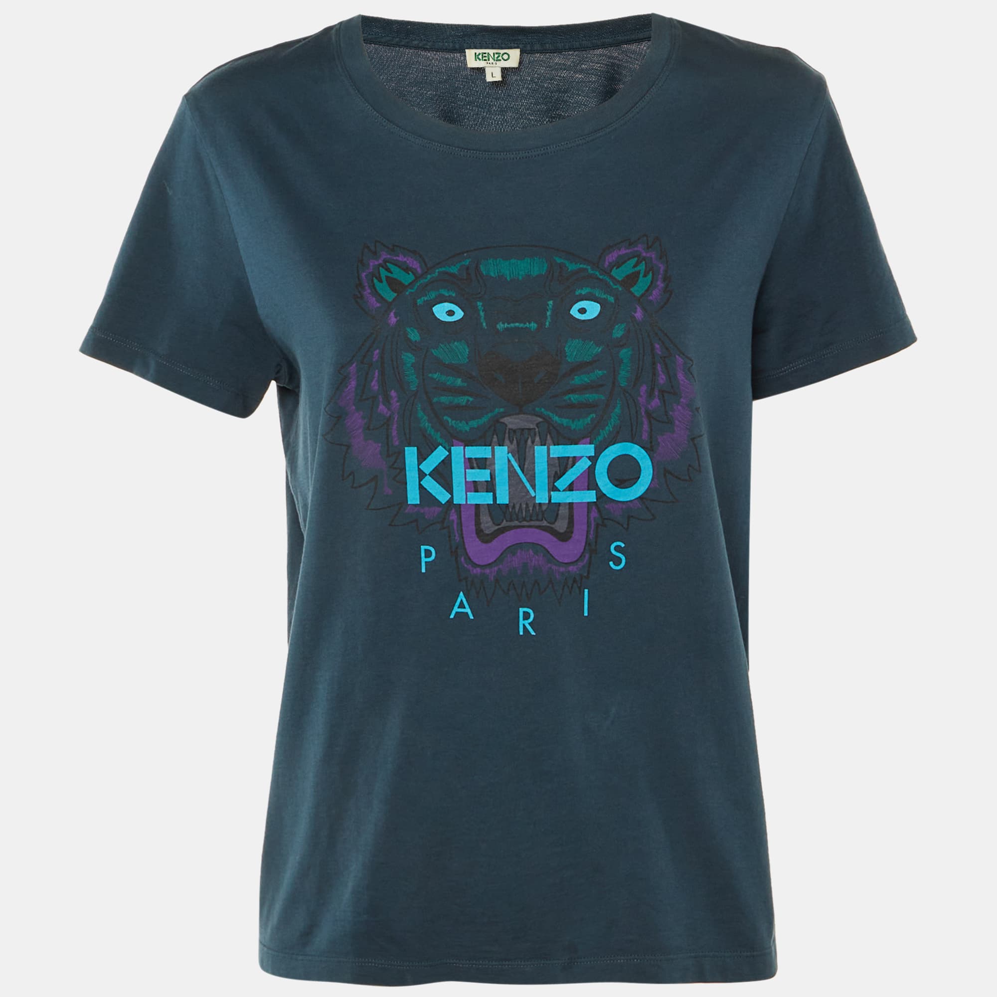 Kenzo Teal Tiger Logo Print Jersey Crew Neck T-Shirt L