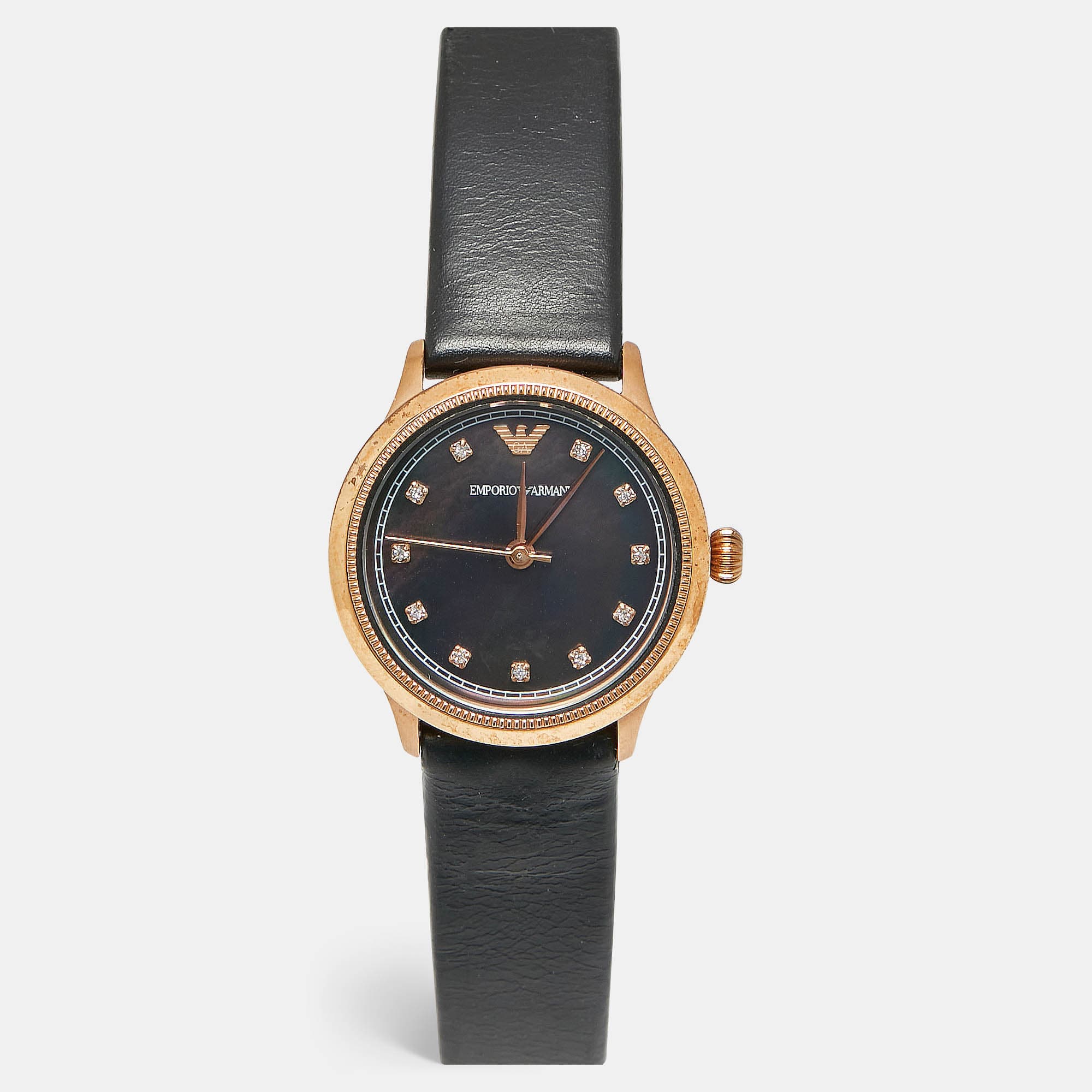 Emporio Armani Classic AR1802 Black Mother Of Pearl Dial Rose Gold Tone Stainless Steel Leather  Women's Wristwatch 27 mm