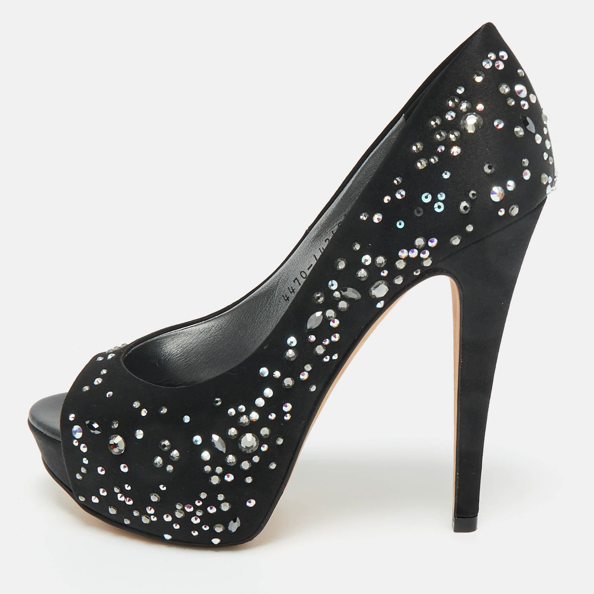 Gina Black Crystal Embellished Satin Open Toe Platform Pumps Size 39