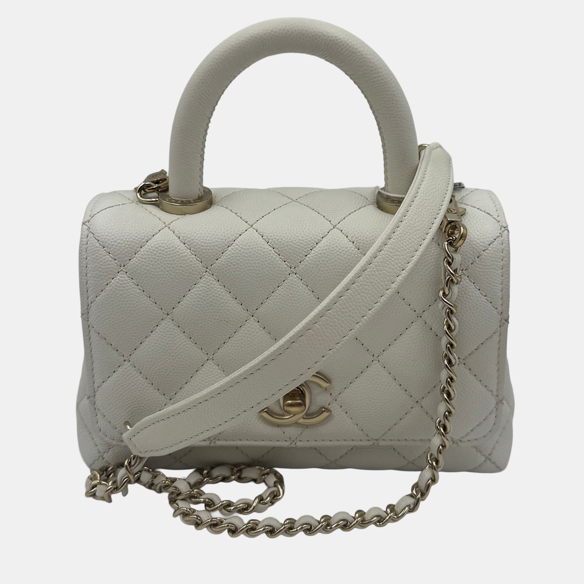 Chanel White Quilted Caviar Leather Mini Coco Top Handle Bag