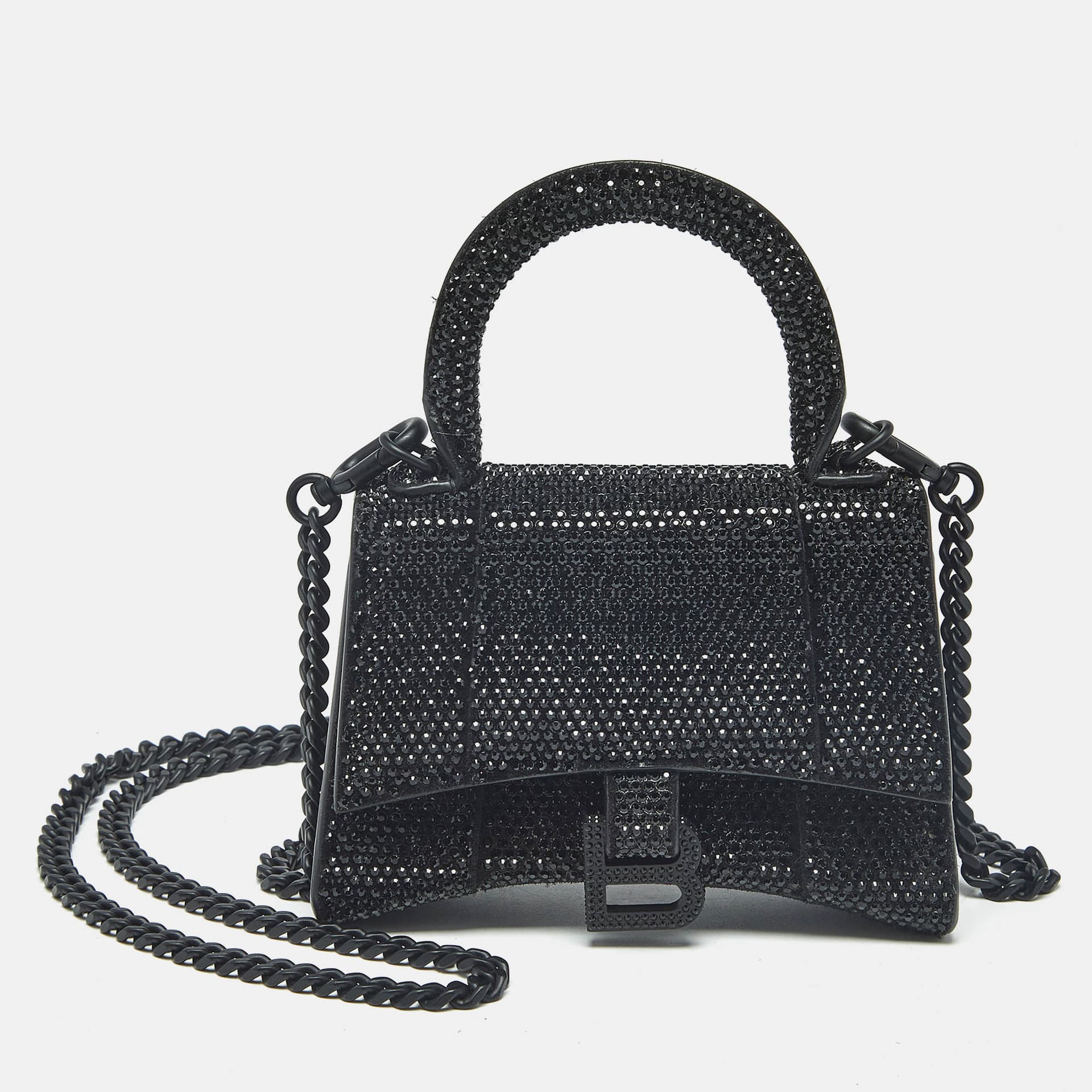 Balenciaga Black Suede Crystals Embellished Nano Hourglass Top Handle Bag