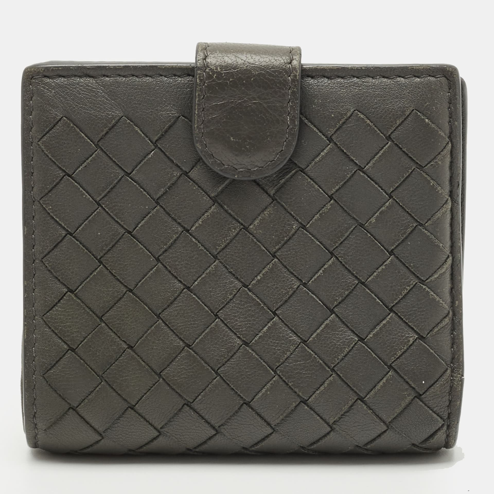 Bottega Veneta Grey Intrecciato Leather Flap French Wallet