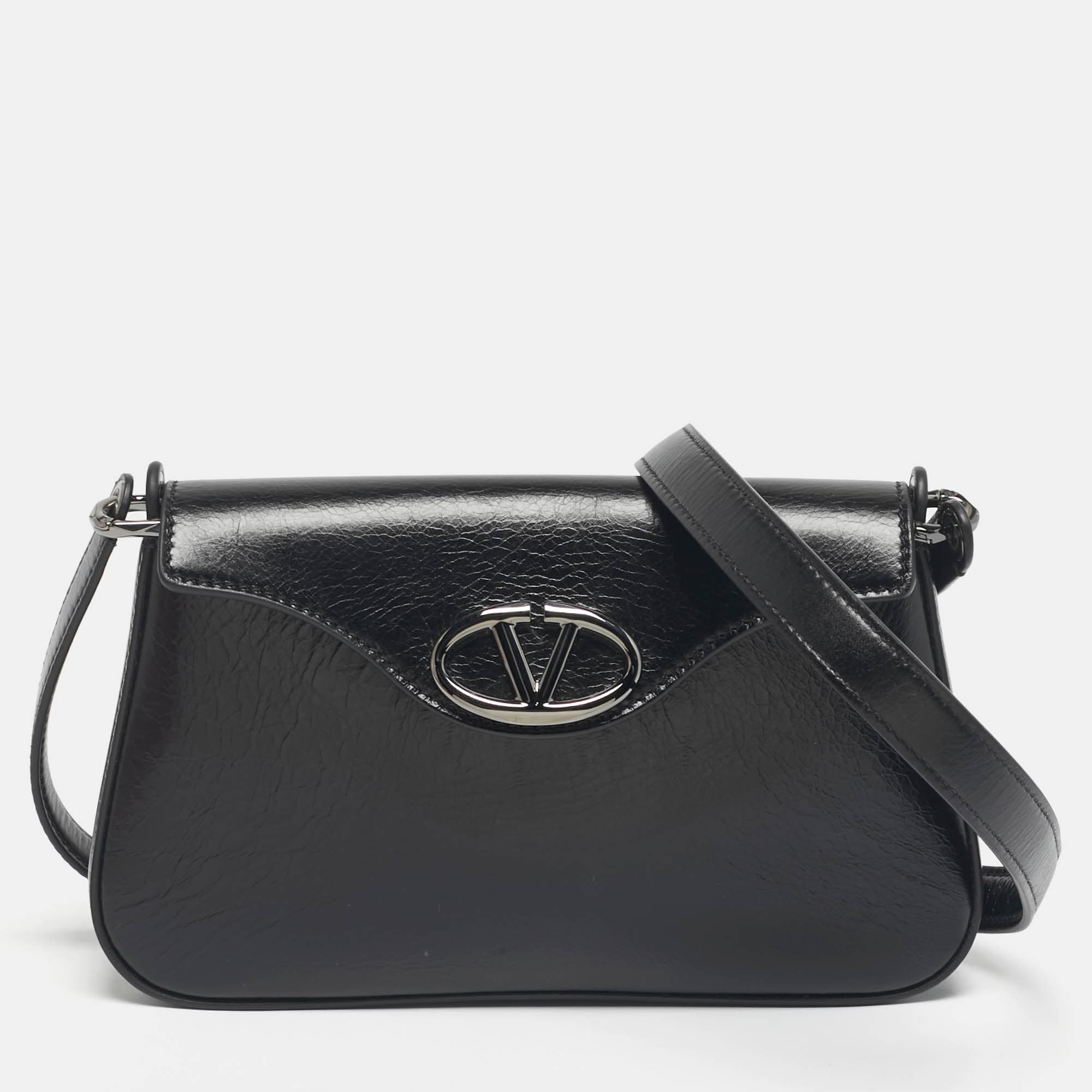Valentino Black Leather The Bold VLogo Shoulder Bag