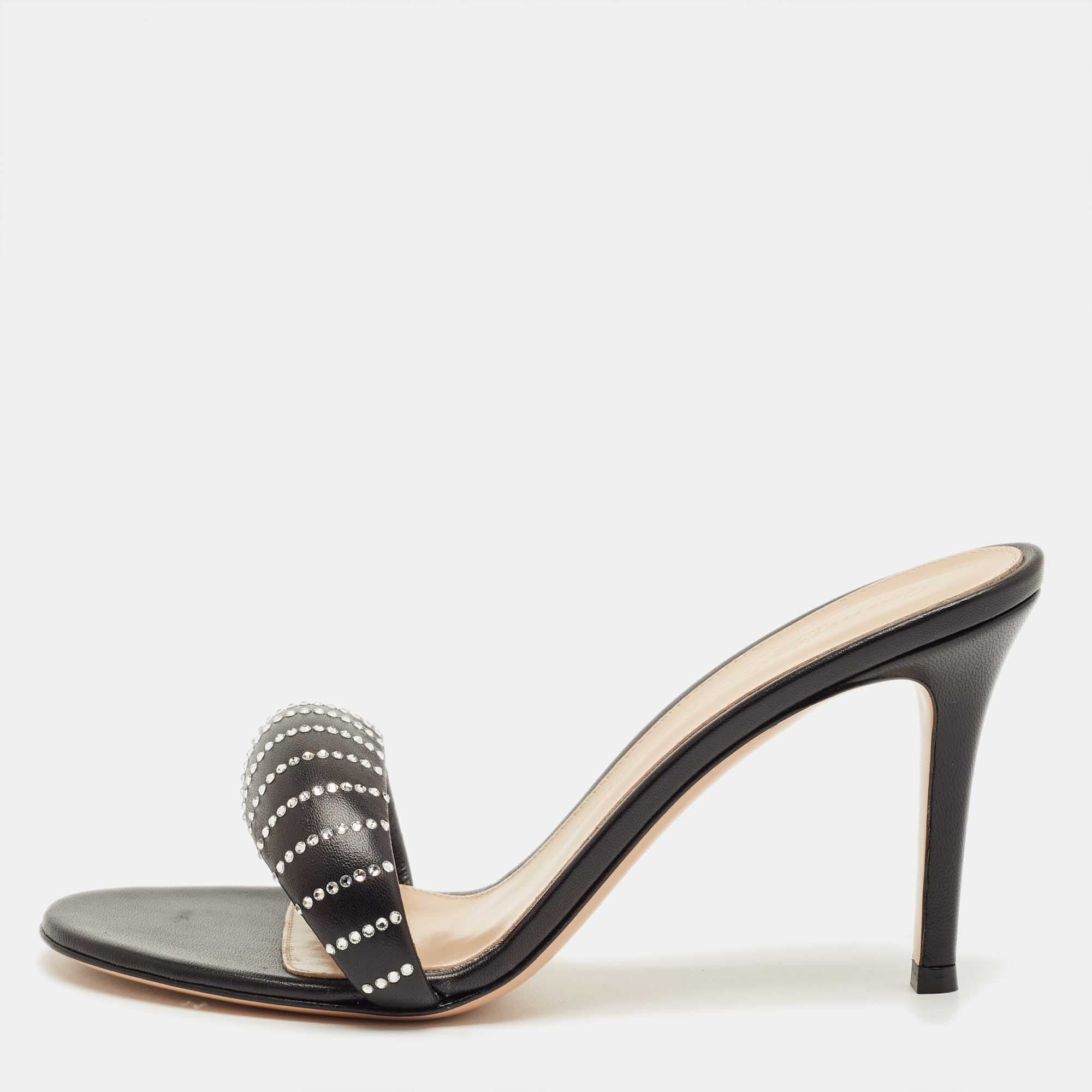 Gianvito Rossi Black Leather Crystal Embellished Bijoux Sandals Size 38