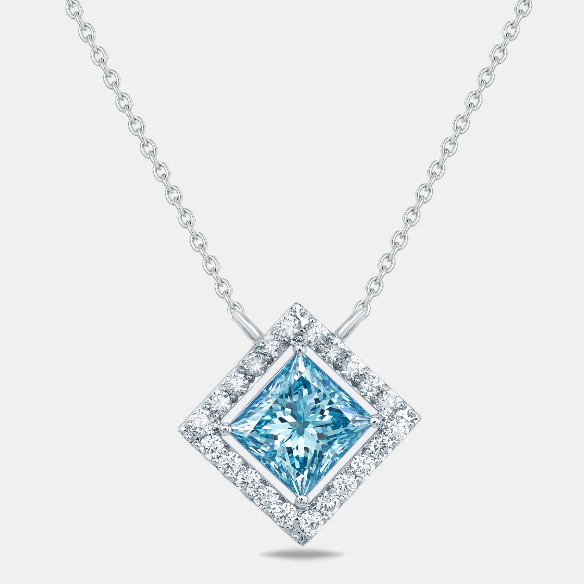 3.5 cts Blue Princess Round Lab Grown Diamond 18k White Gold Necklace