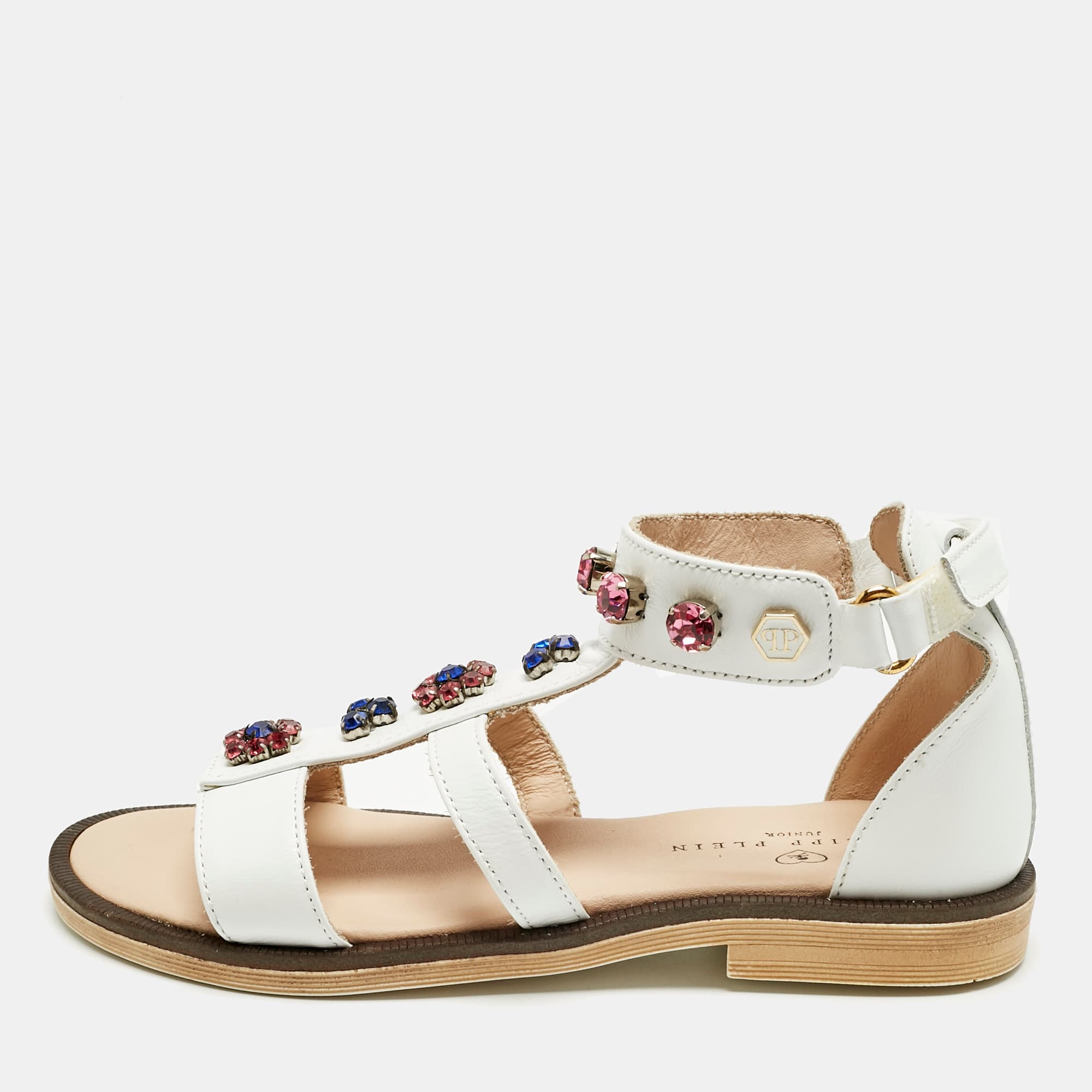 Philipp Plein White Leather Crystal Embellished Flat Sandals Size 30