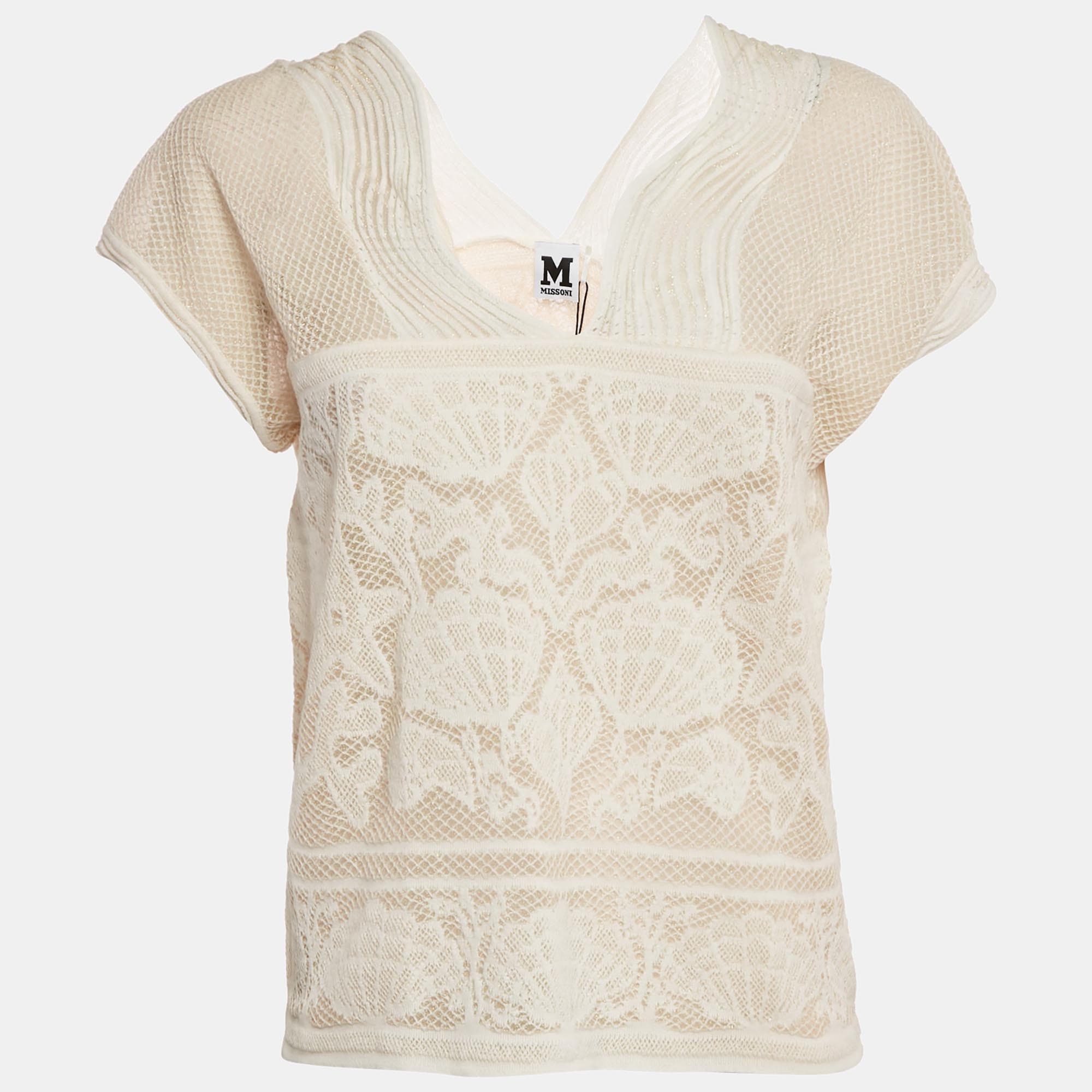 M Missoni White Seashell Pattern Lurex Knit V-Neck Top M