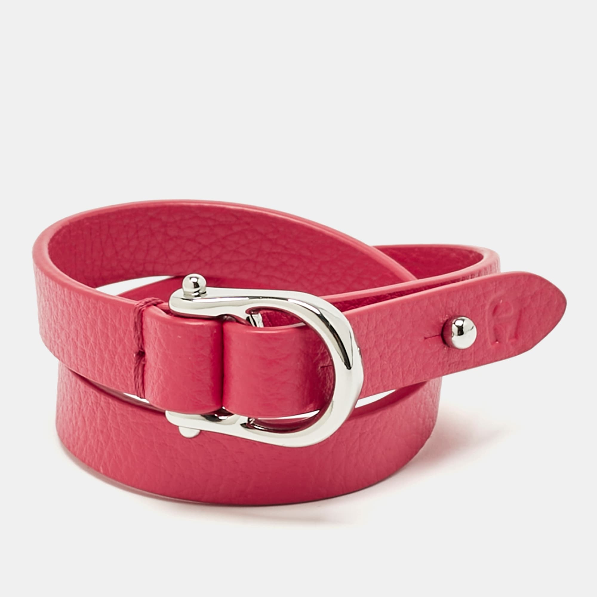 Aigner Logo Leather Silver Tone Double Tour Bracelet