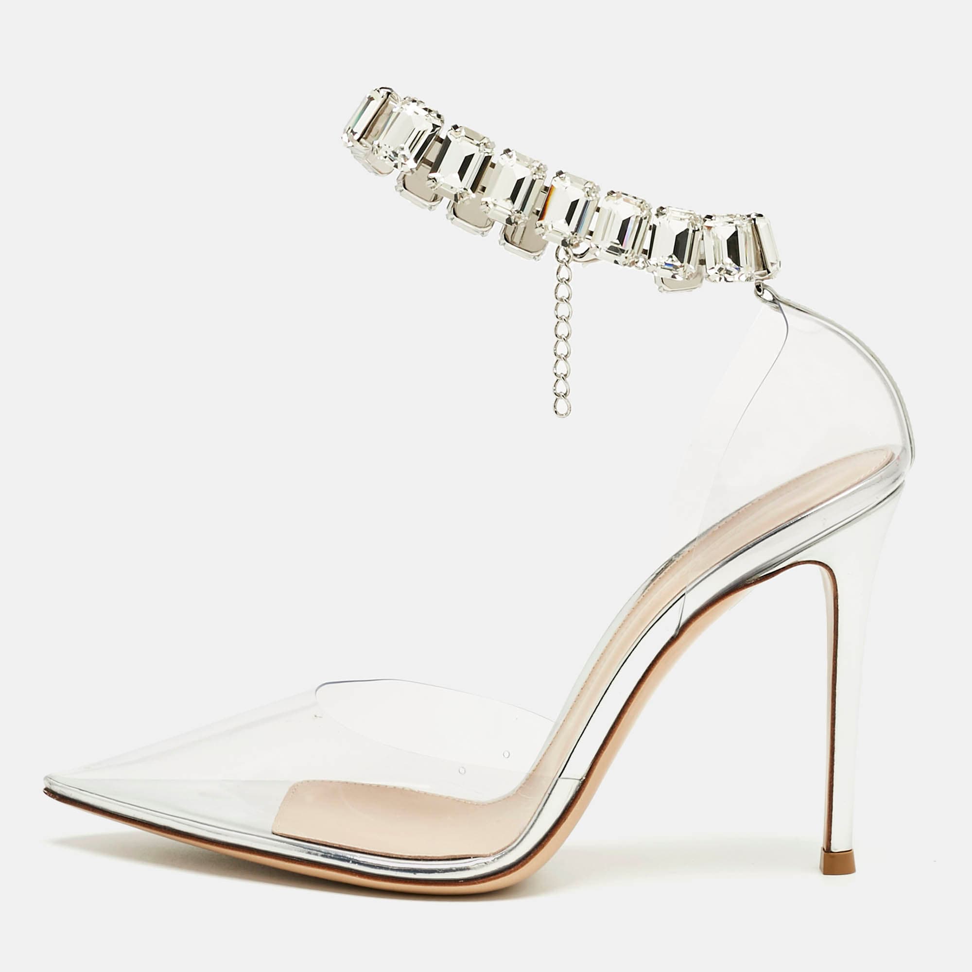 Gianvito Rossi Transparent PVC Crystal Embellished Ankle Strap Pumps Size 38.5